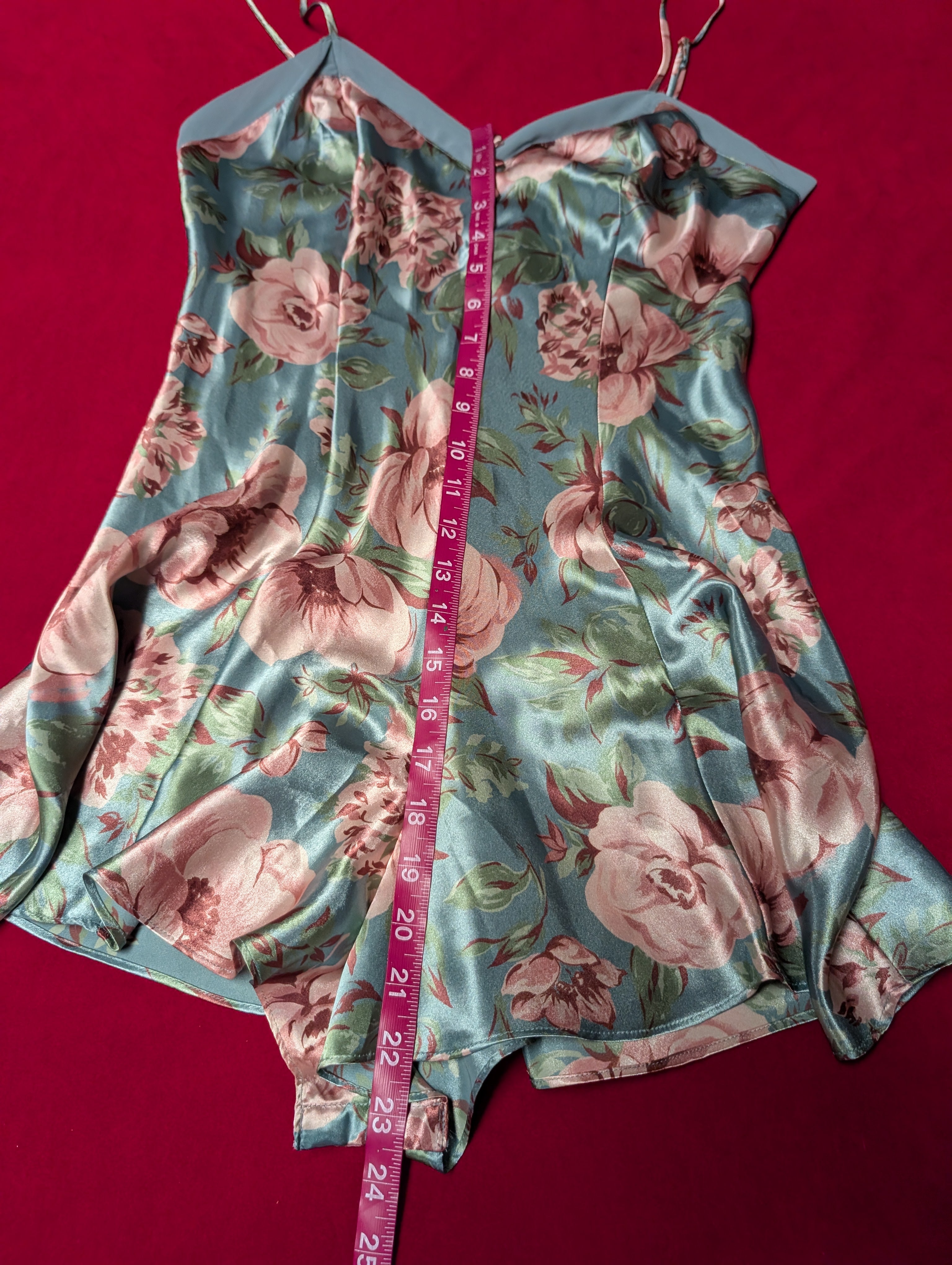 Cacique Beautiful Blue & Pink Floral Satin Slip Romper & Robe with Sash Set size Small