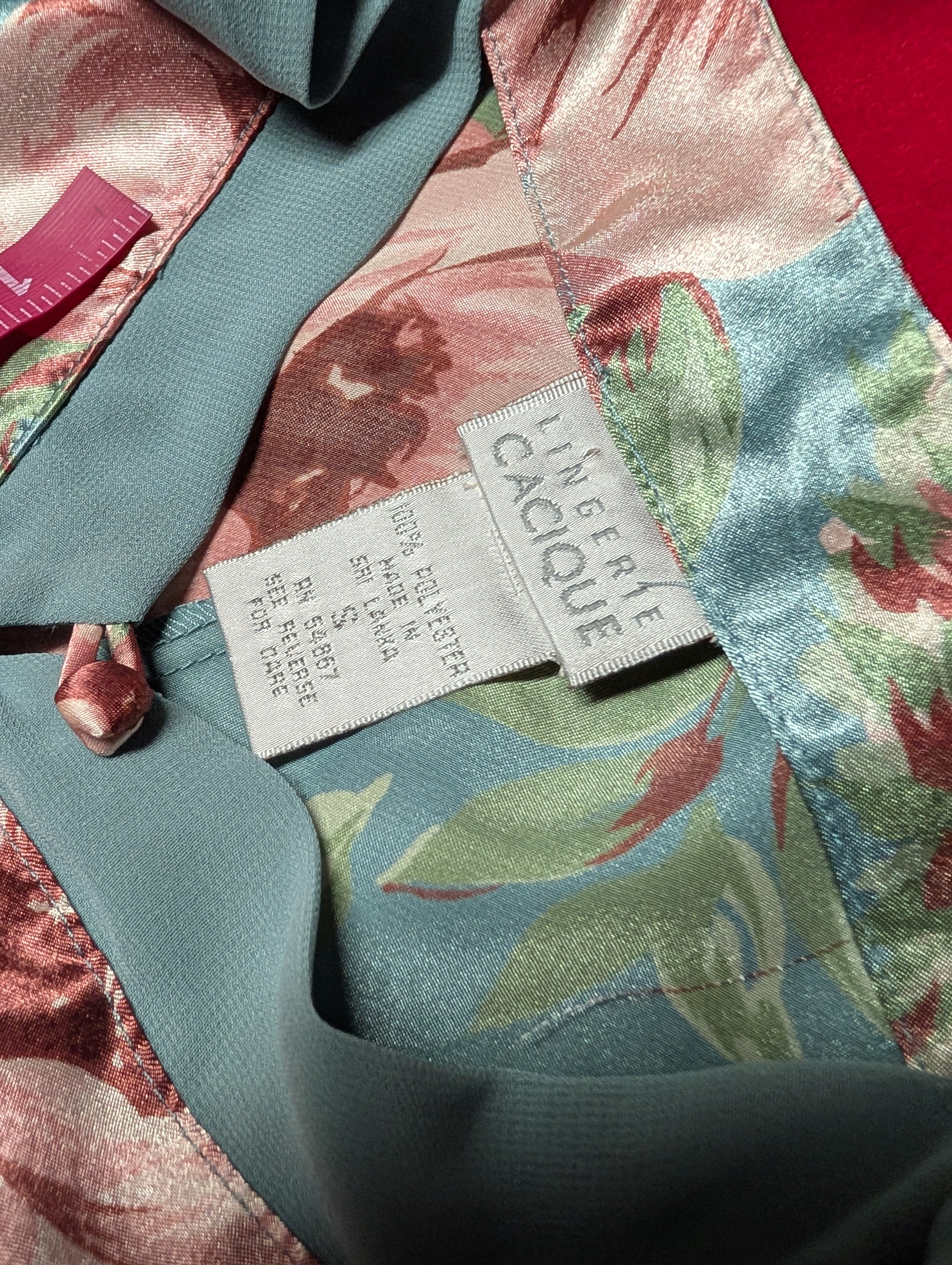 Cacique Beautiful Blue & Pink Floral Satin Slip Romper & Robe with Sash Set size Small