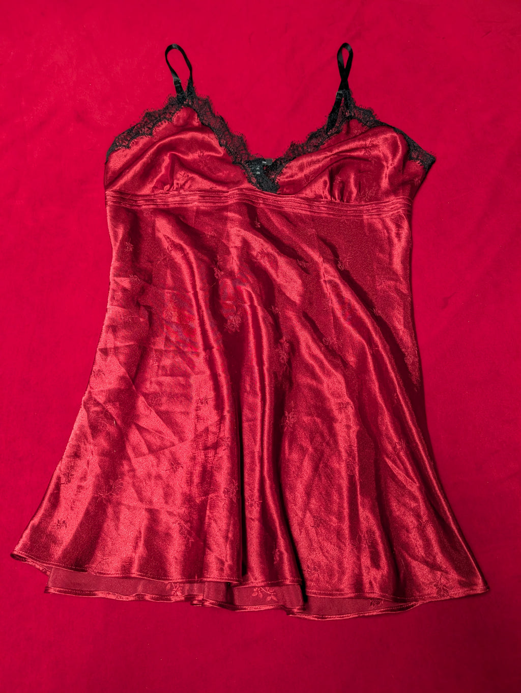 Red & Black Lace Trim Satin Floral Babydoll Chemise in XL