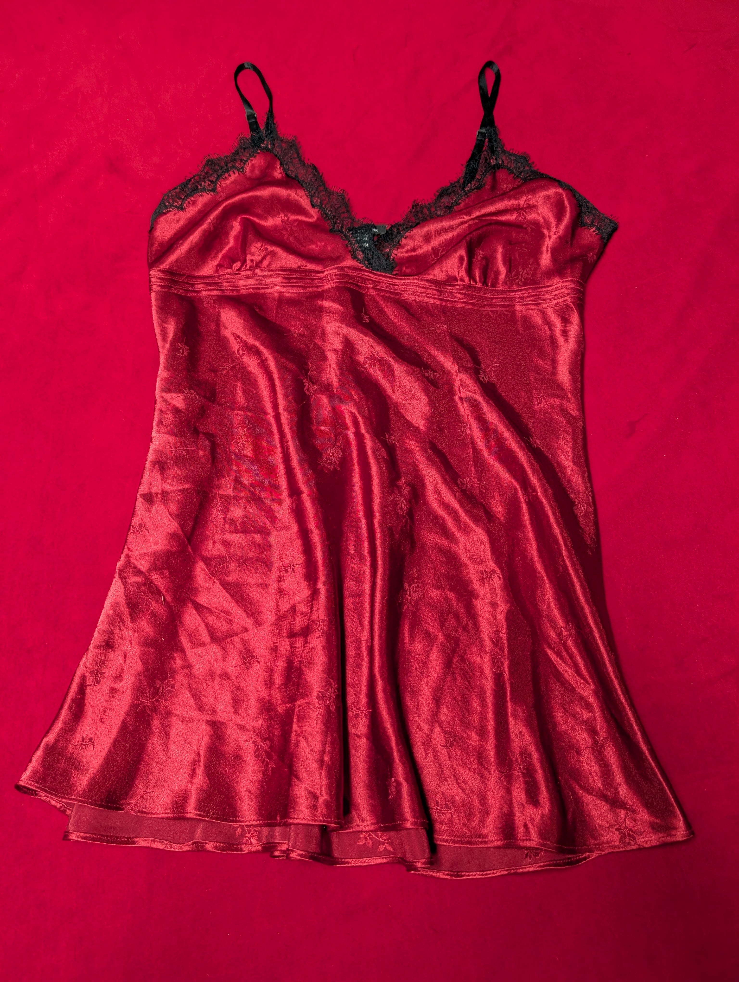 Red & Black Lace Trim Satin Floral Babydoll Chemise in XL