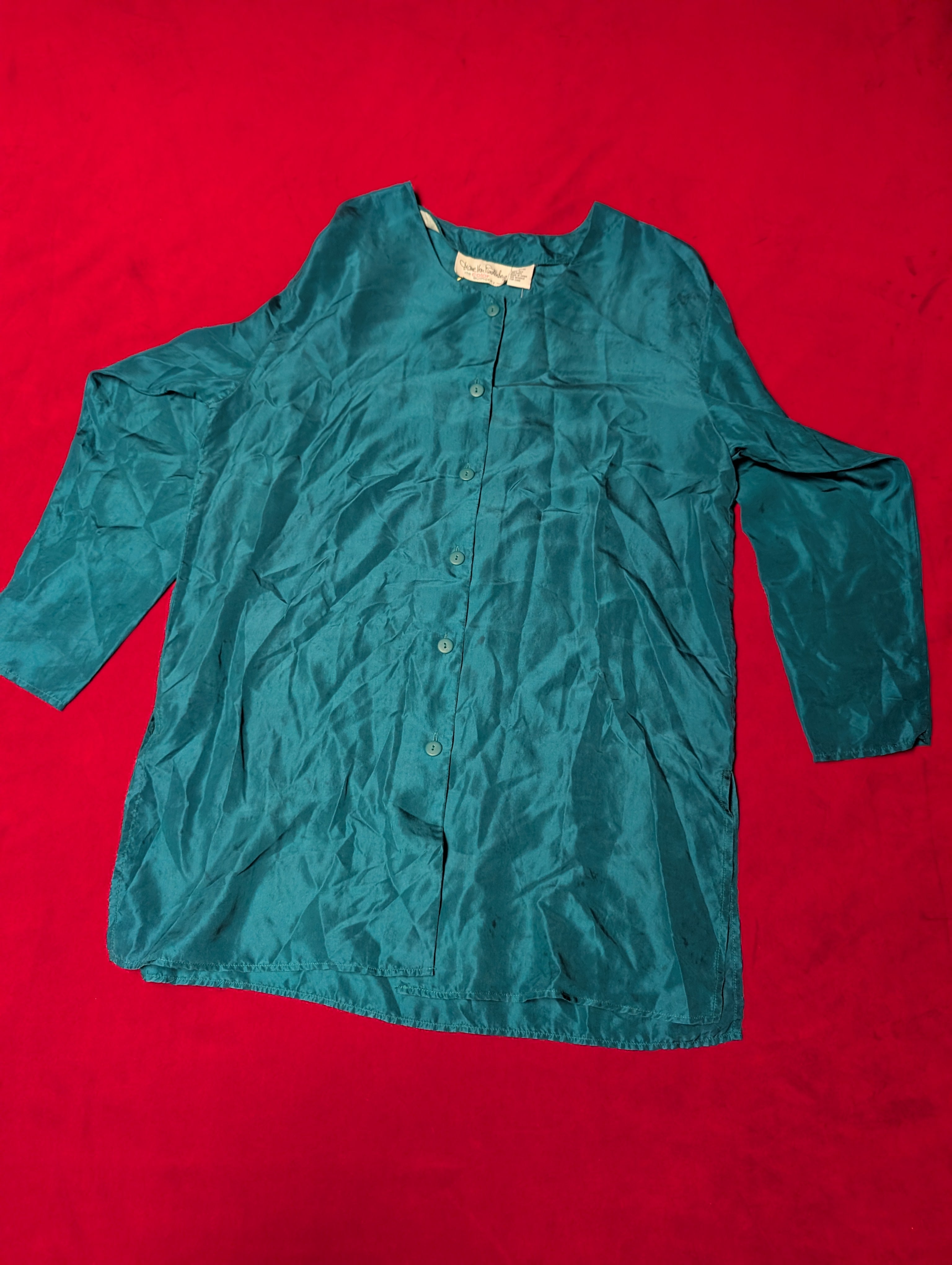 100% Silk Vintage Teal Long Sleeved Oversized Sleep Shirt Dress size Medium