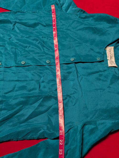 100% Silk Vintage Teal Long Sleeved Oversized Sleep Shirt Dress size Medium