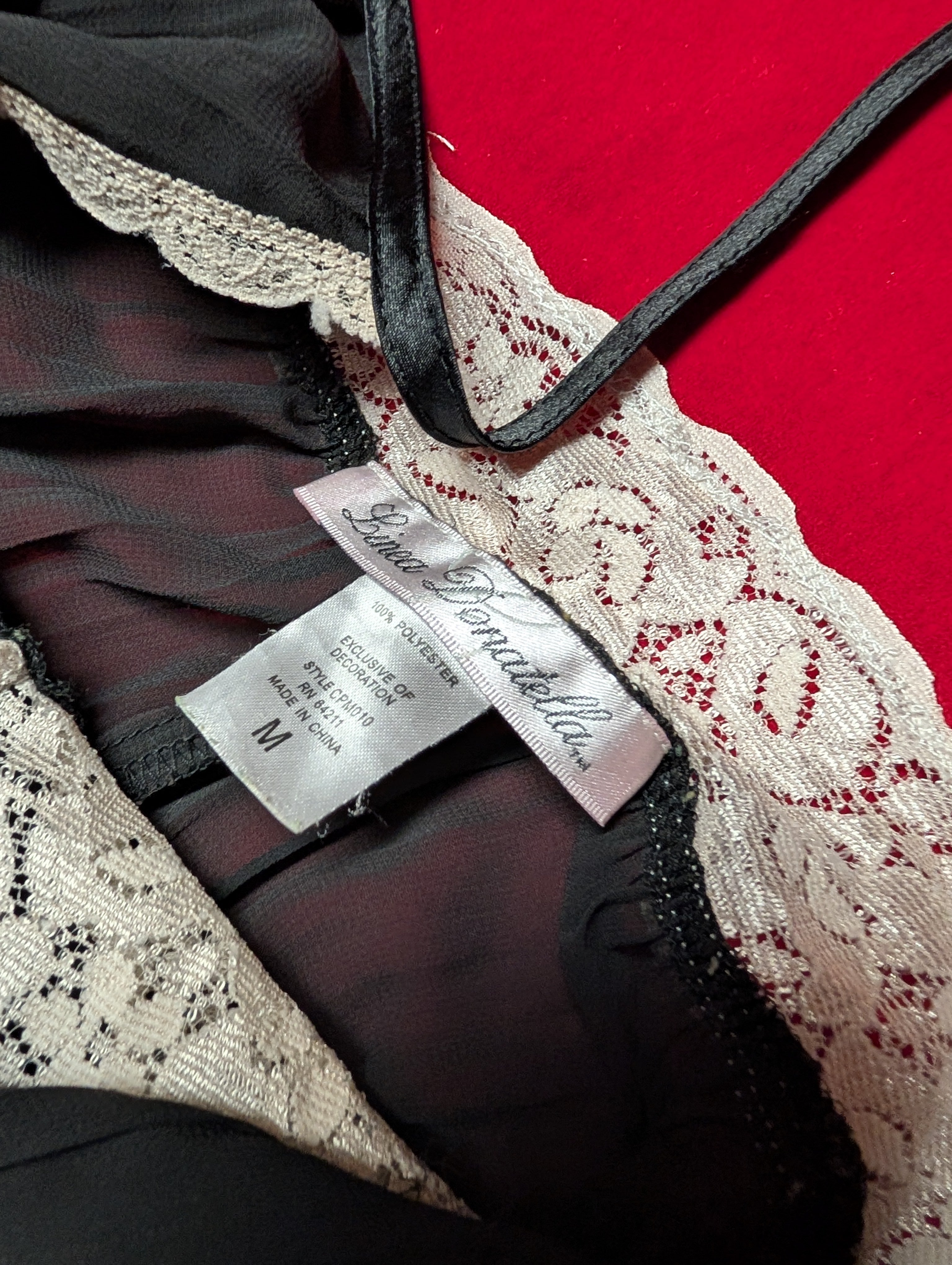 Linea Donatella V Neck Tie Back Lace Trim black & White Babydoll Chemise Slip Dress size Medium