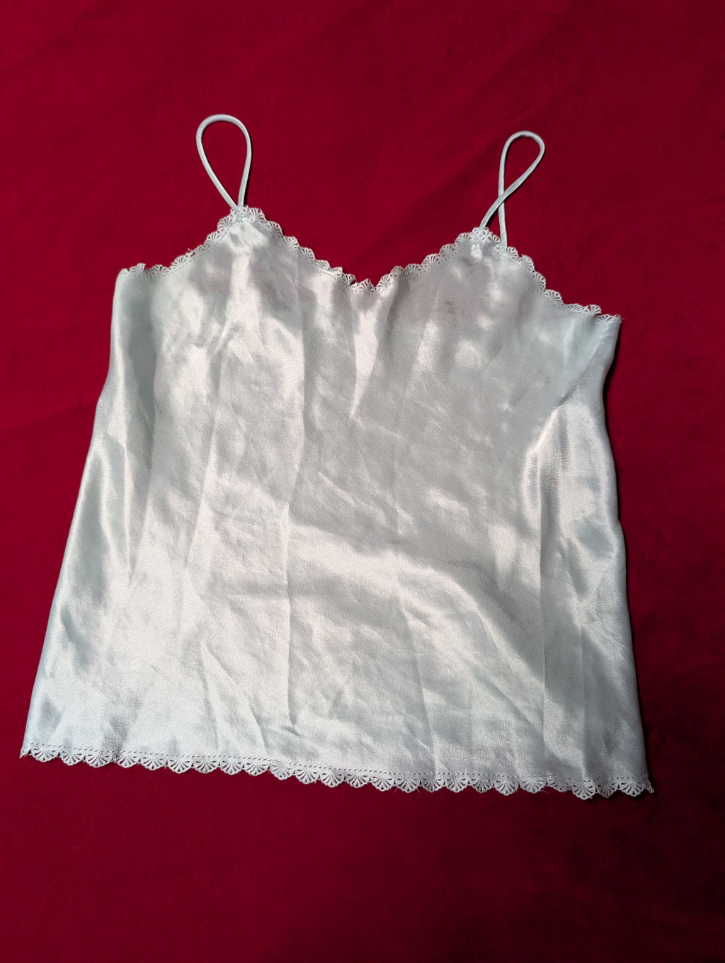 A light blue satin camisole top with thin spaghetti straps and delicate lace trim along the scoop neckline and hem, laid flat on a solid red background.