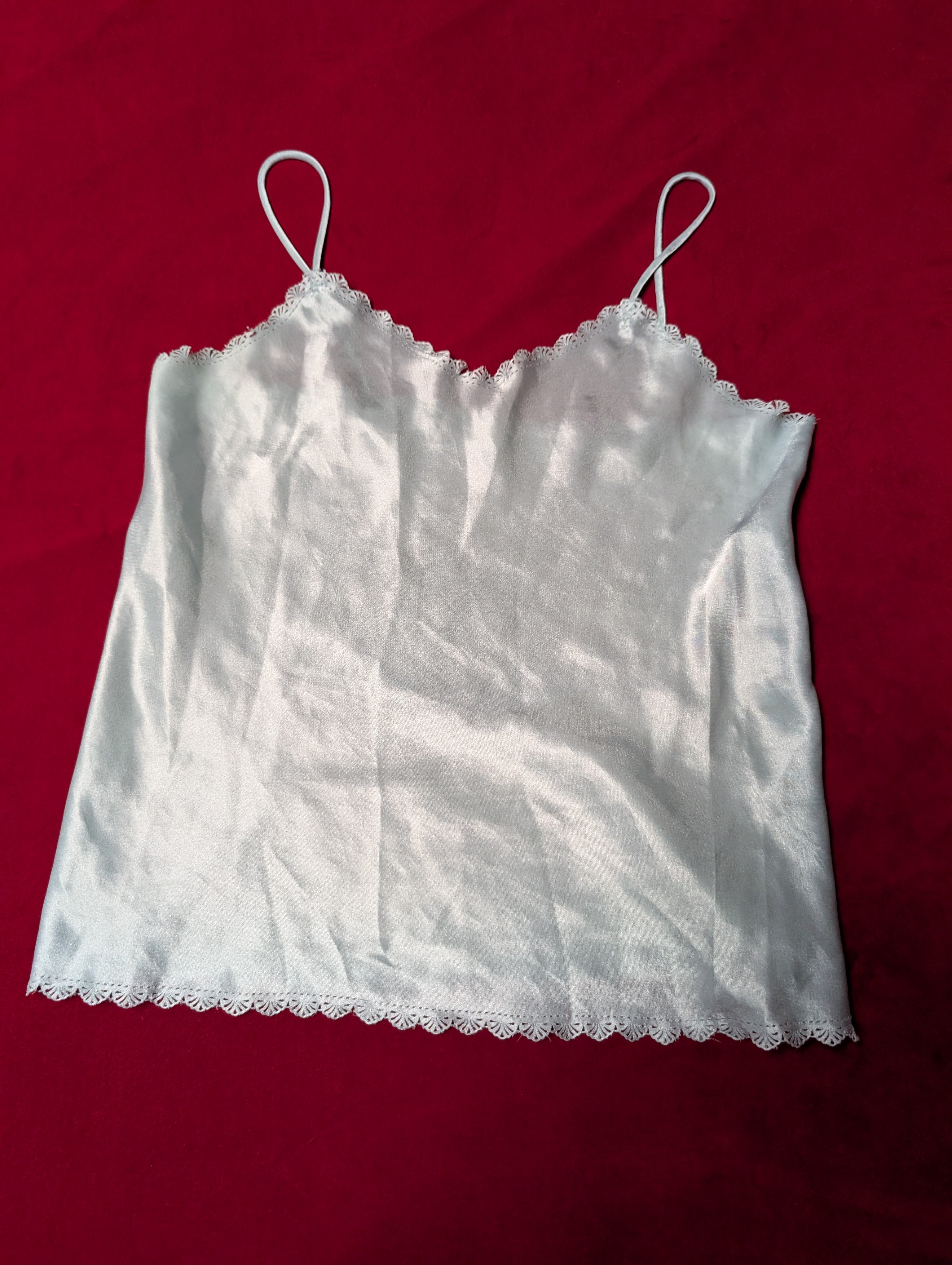 A light blue satin camisole top with thin spaghetti straps and delicate lace trim along the scoop neckline and hem, laid flat on a solid red background.