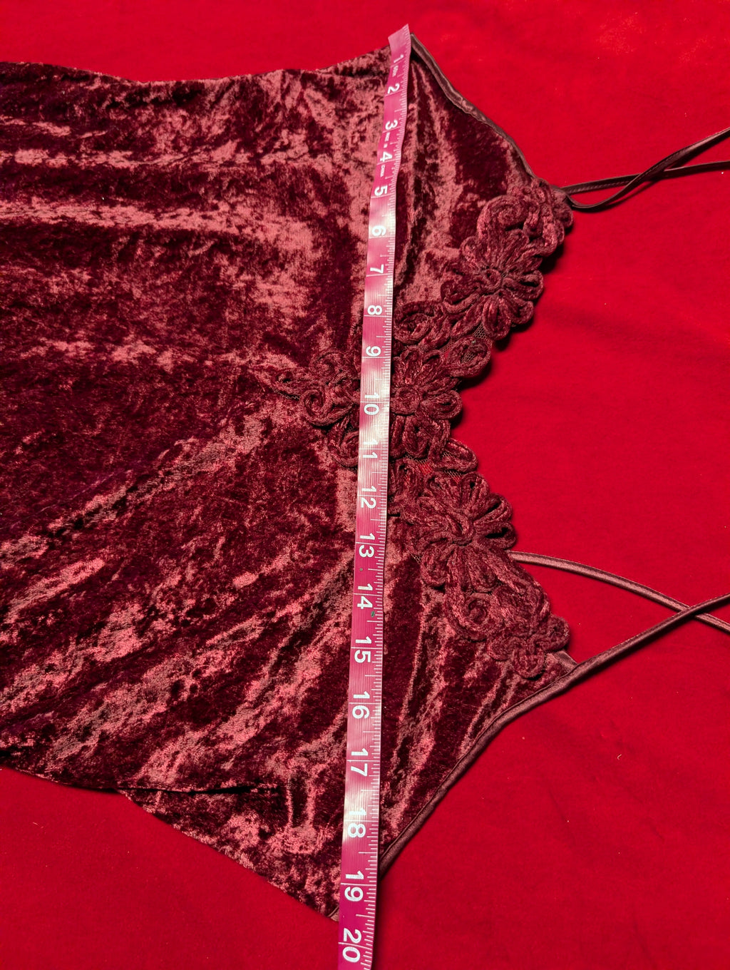 Velour Crushed Velvet Burgundy Wine Red Embroidered Babydoll Chemise Slip size Large