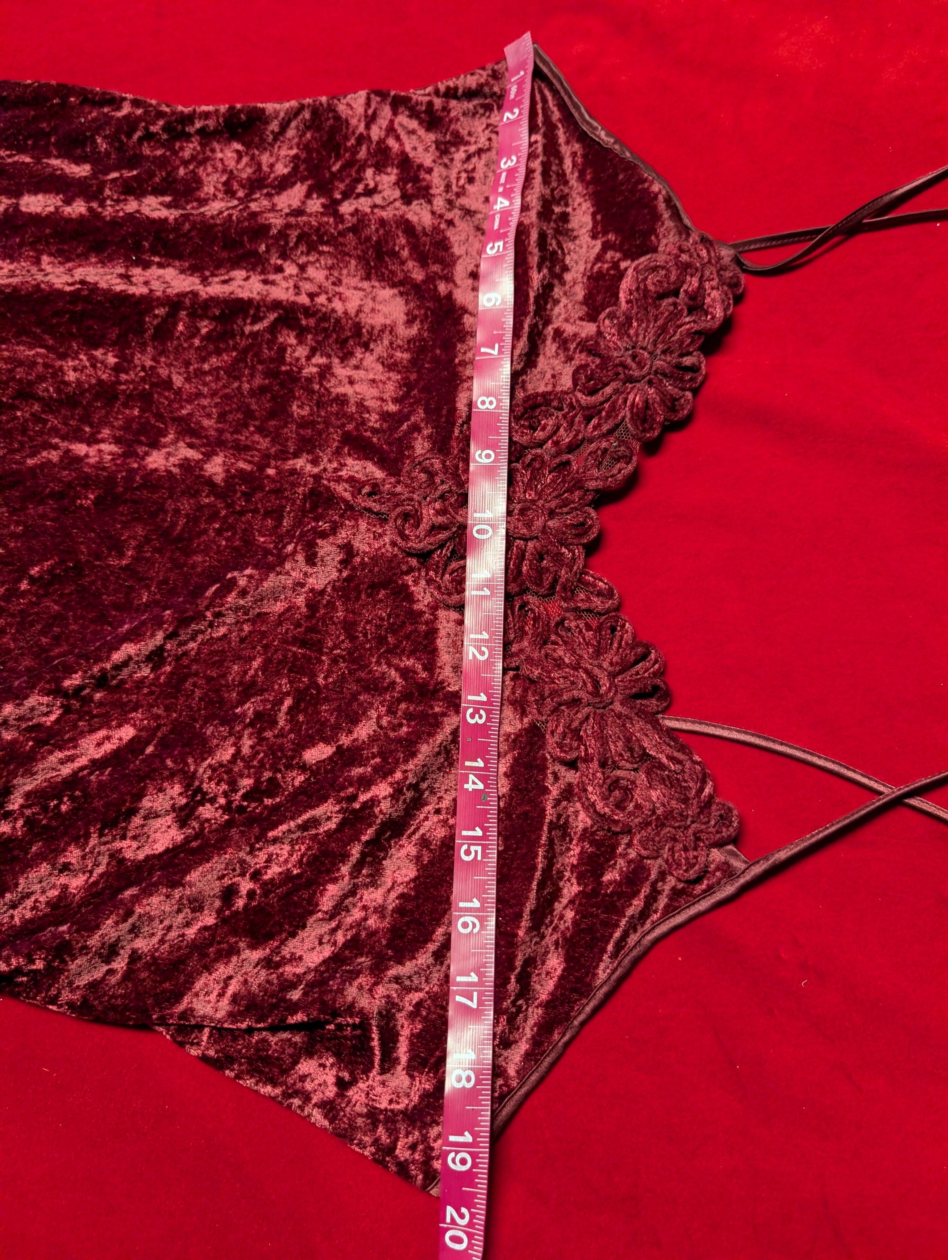 Velour Crushed Velvet Burgundy Wine Red Embroidered Babydoll Chemise Slip size Large