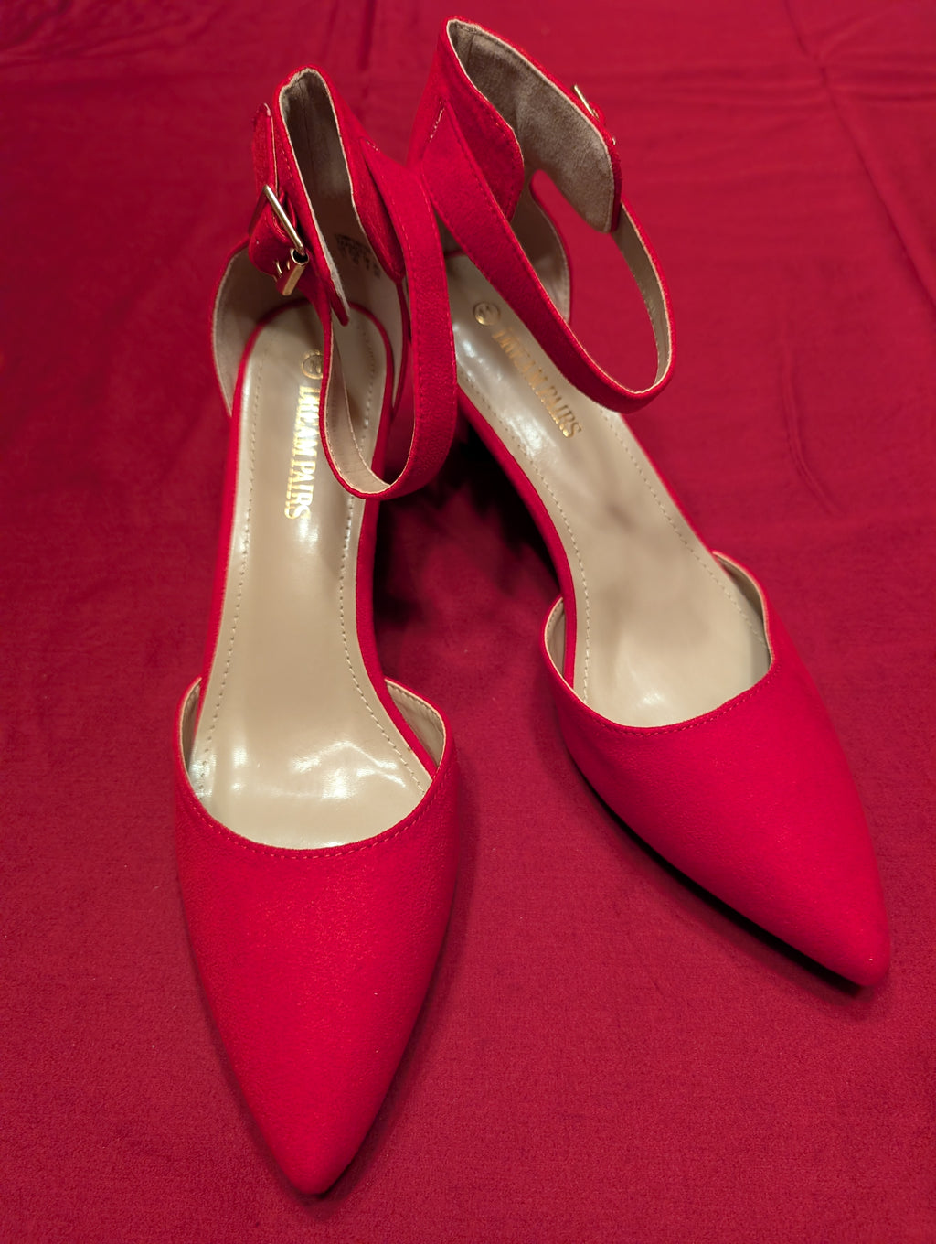 Dream Pairs Red Faux Suede Kitten Heels Ankle Strap Pointed Toe Pumps size 11