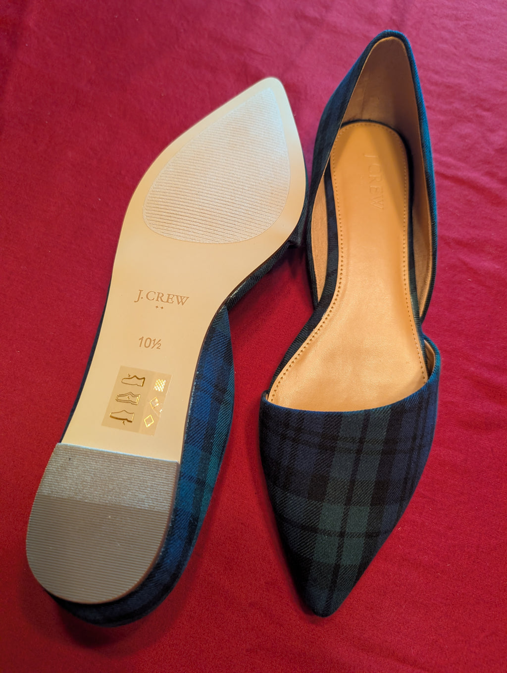 New in Box J. Crew Beautiful Pointed Blackwatch Plaid Zoe D'Orsay Flats Shoes size 10.5