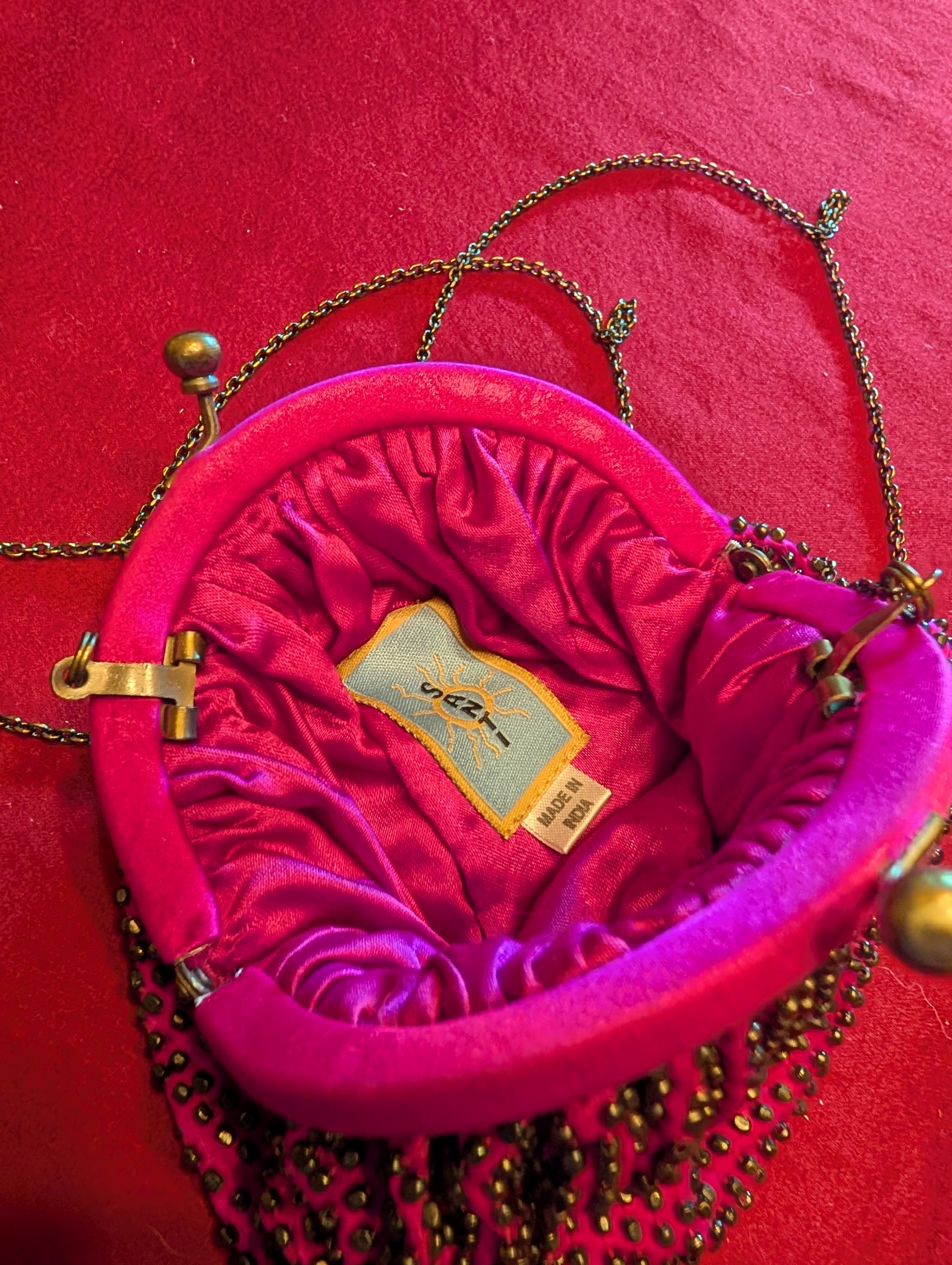 Santi India Beaded Hot Pink Fuchsia Shoulder Crossbody Clutch Pouch Bag