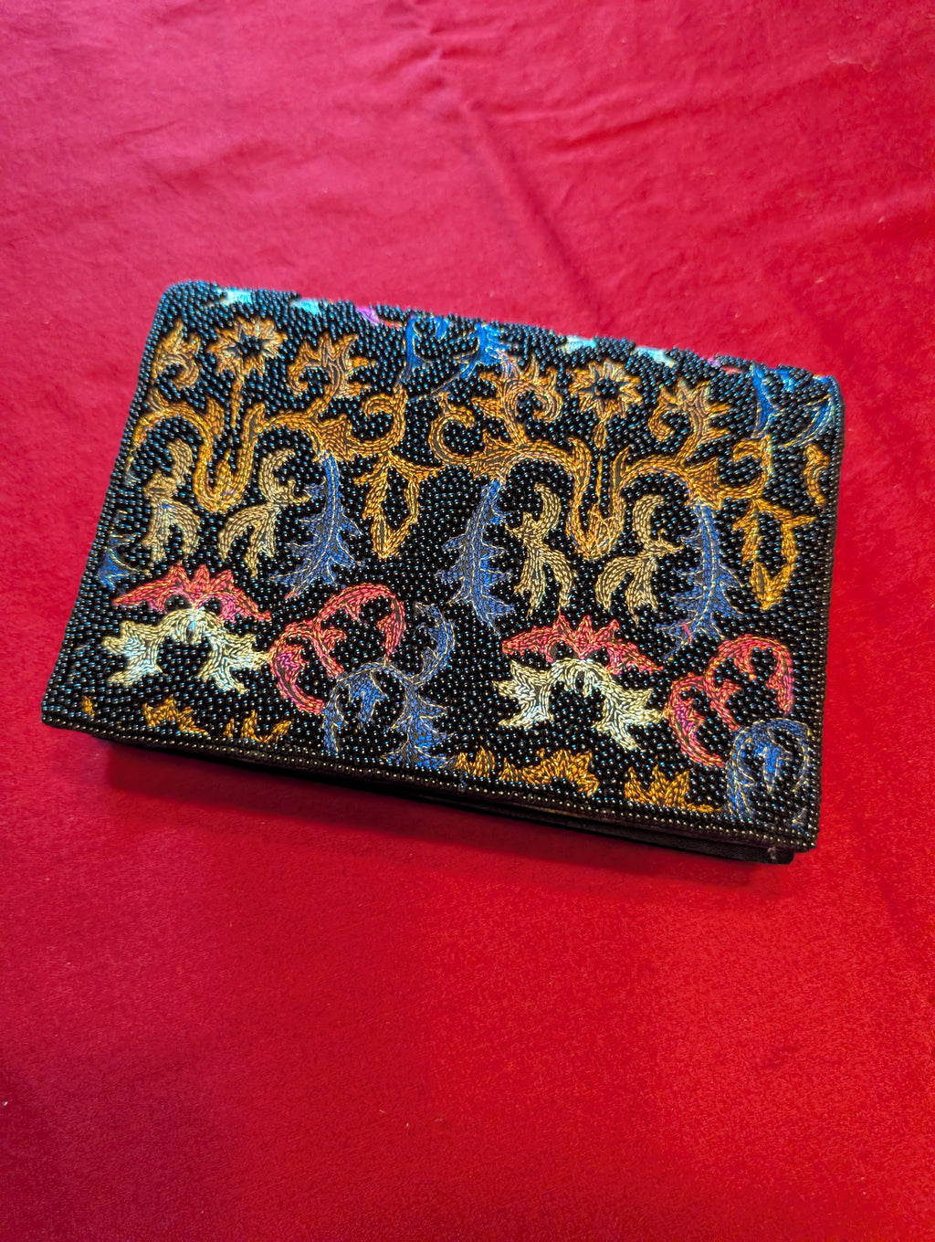 Vintage La Regale Beaded Tapestry Baroque Envelope Clutch Shoulder Bag in Black with Blue Pink Gold Beads