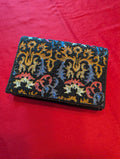 Vintage La Regale Beaded Tapestry Baroque Envelope Clutch Shoulder Bag in Black with Blue Pink Gold Beads