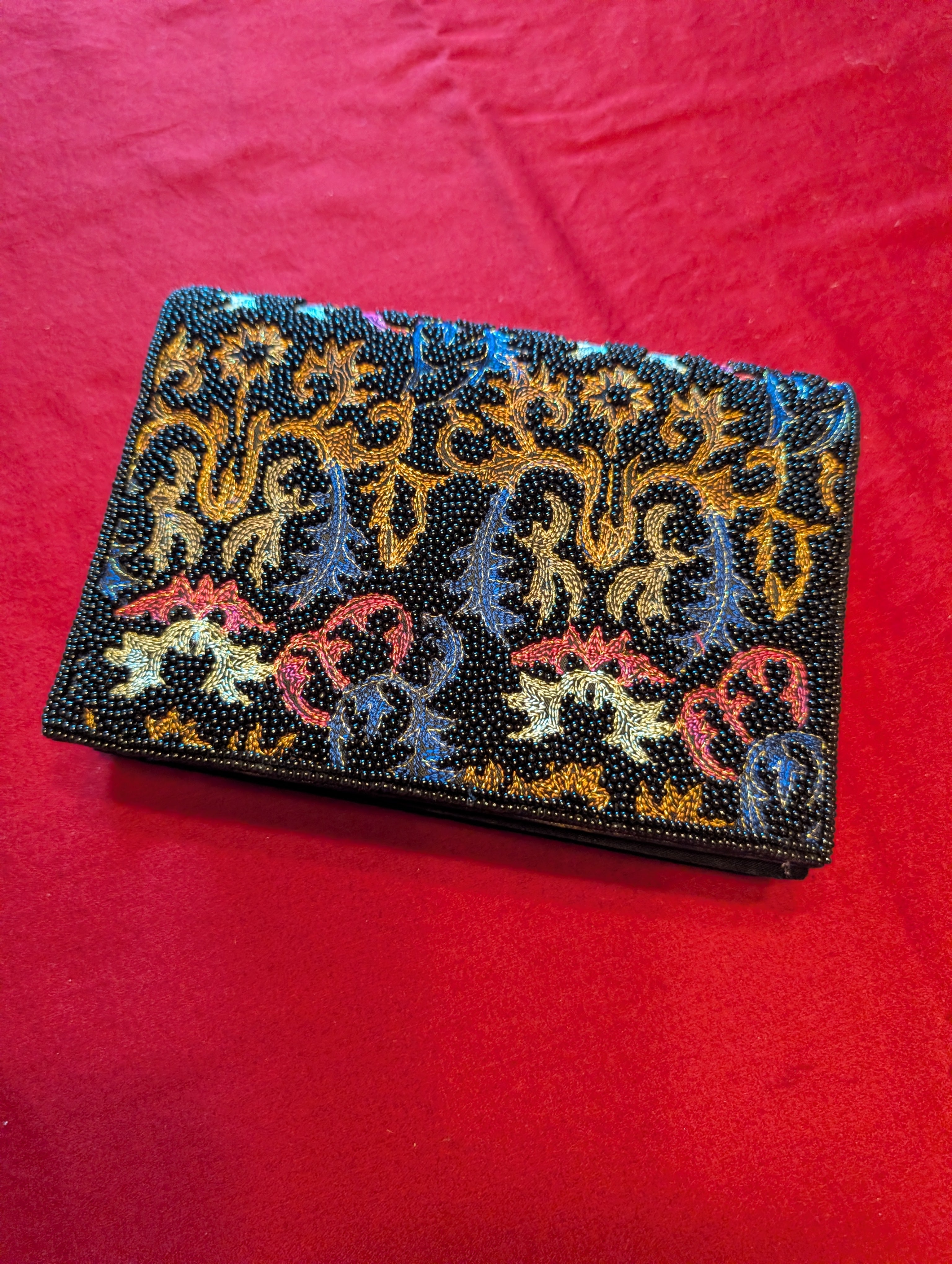 Vintage La Regale Beaded Tapestry Baroque Envelope Clutch Shoulder Bag in Black with Blue Pink Gold Beads