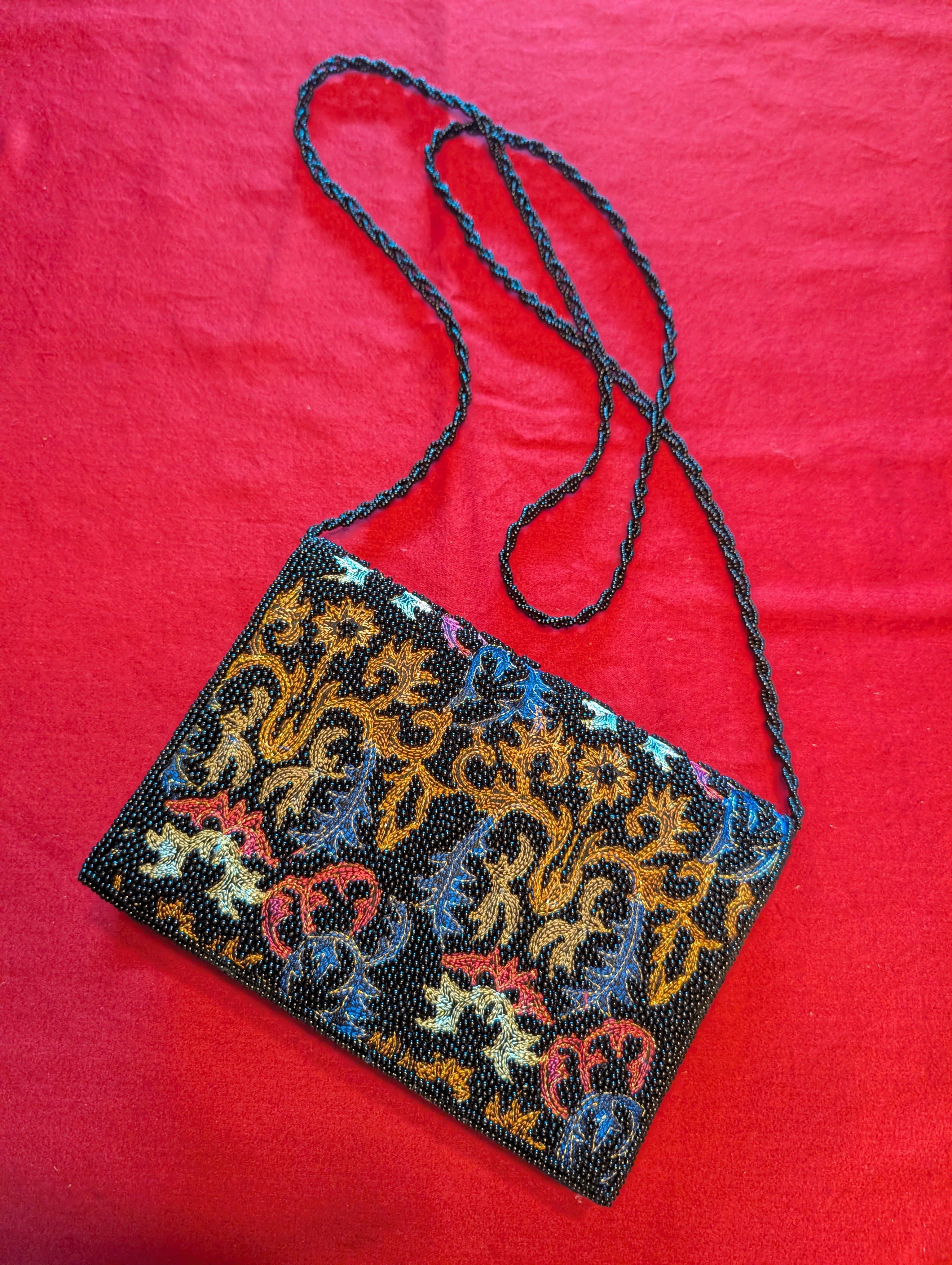 Vintage La Regale Beaded Tapestry Baroque Envelope Clutch Shoulder Bag in Black with Blue Pink Gold Beads