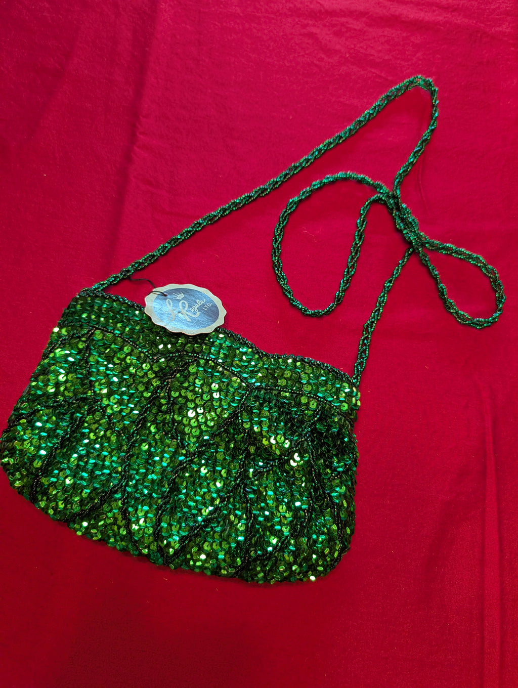 Deadstock Vintage La Regale Beaded Sequin Clutch Zip Handbag with Shoulder Strap in Emerald Green Leaf
