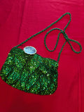 Deadstock Vintage La Regale Beaded Sequin Clutch Zip Handbag with Shoulder Strap in Emerald Green Leaf