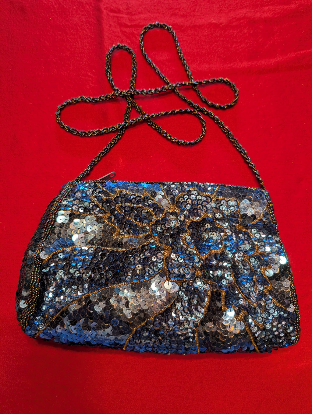 Vintage La Regale Beaded Sequin Clutch Zip Handbag with Shoulder Strap in Navy Blue Floral