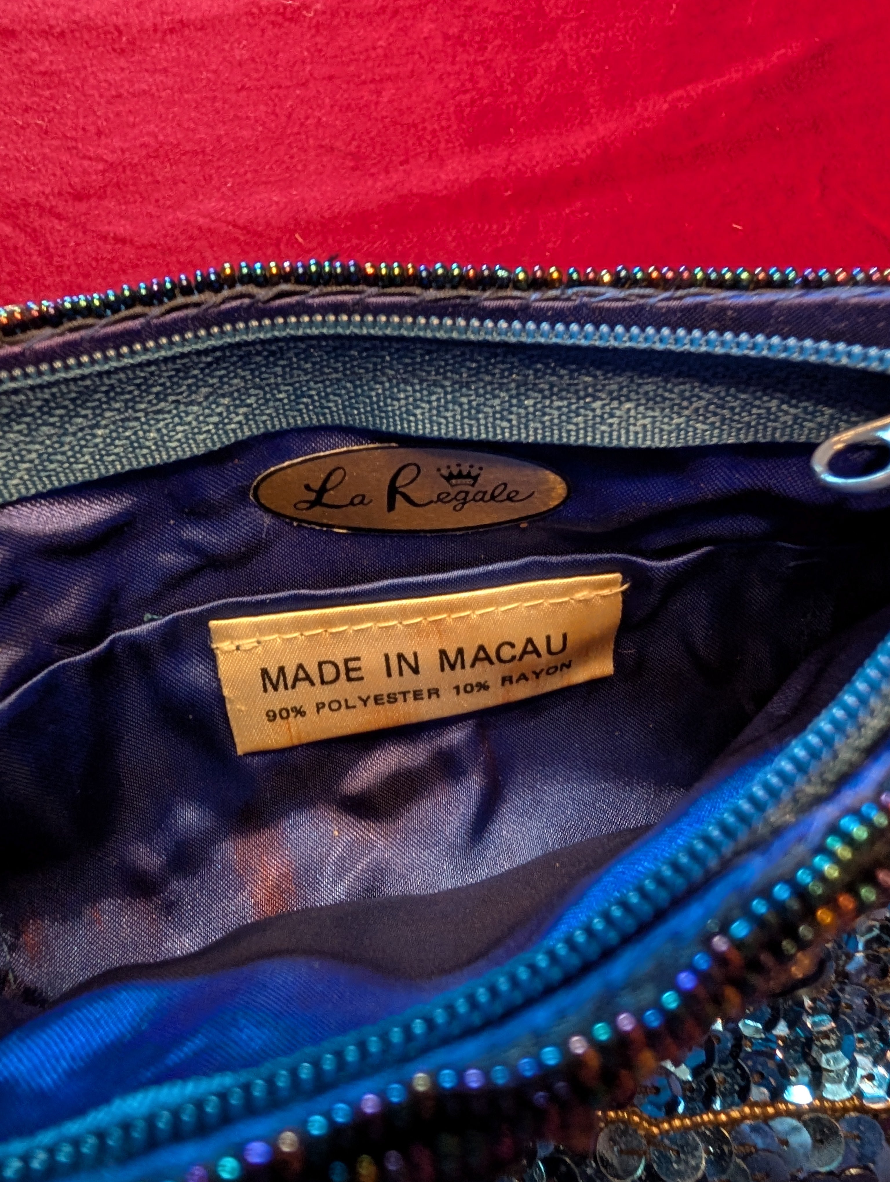 Vintage La Regale Beaded Sequin Clutch Zip Handbag with Shoulder Strap in Navy Blue Floral