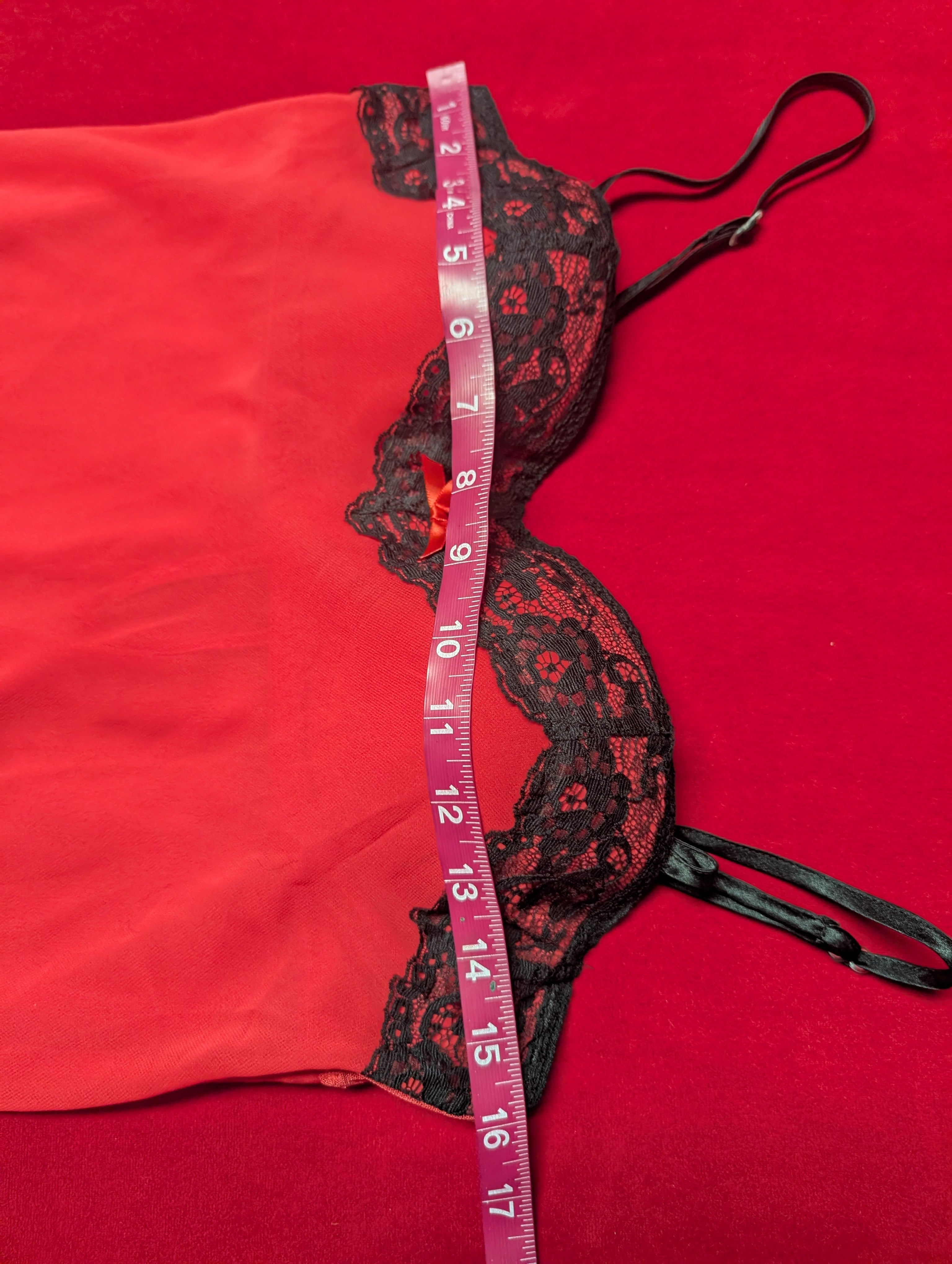Red & Black Lace Sheer Babydoll Slip Chemise with Padded Cups size Medium