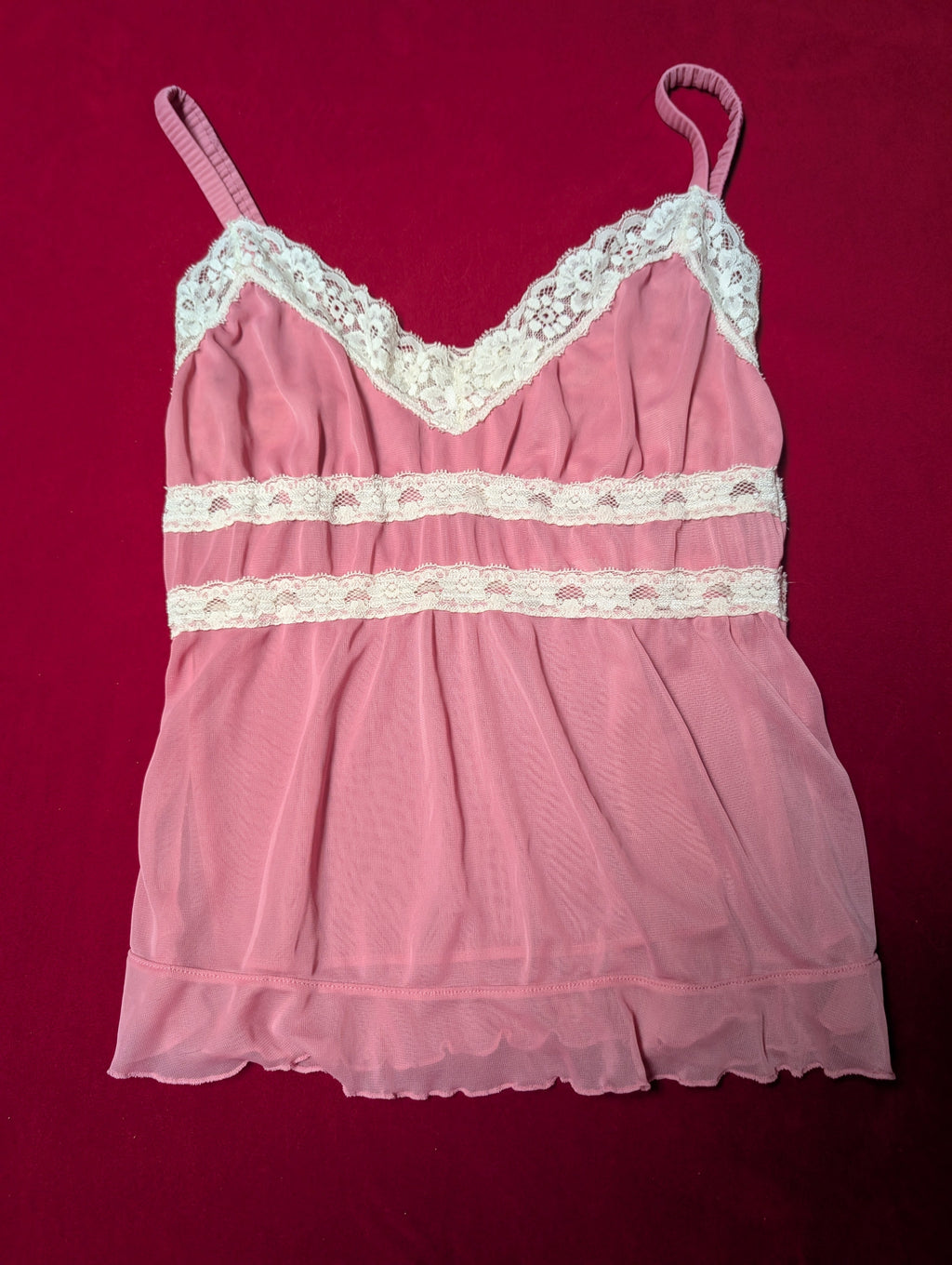 Pink & White Chiffon Lace Babydoll Camisole Tank Top size Medium