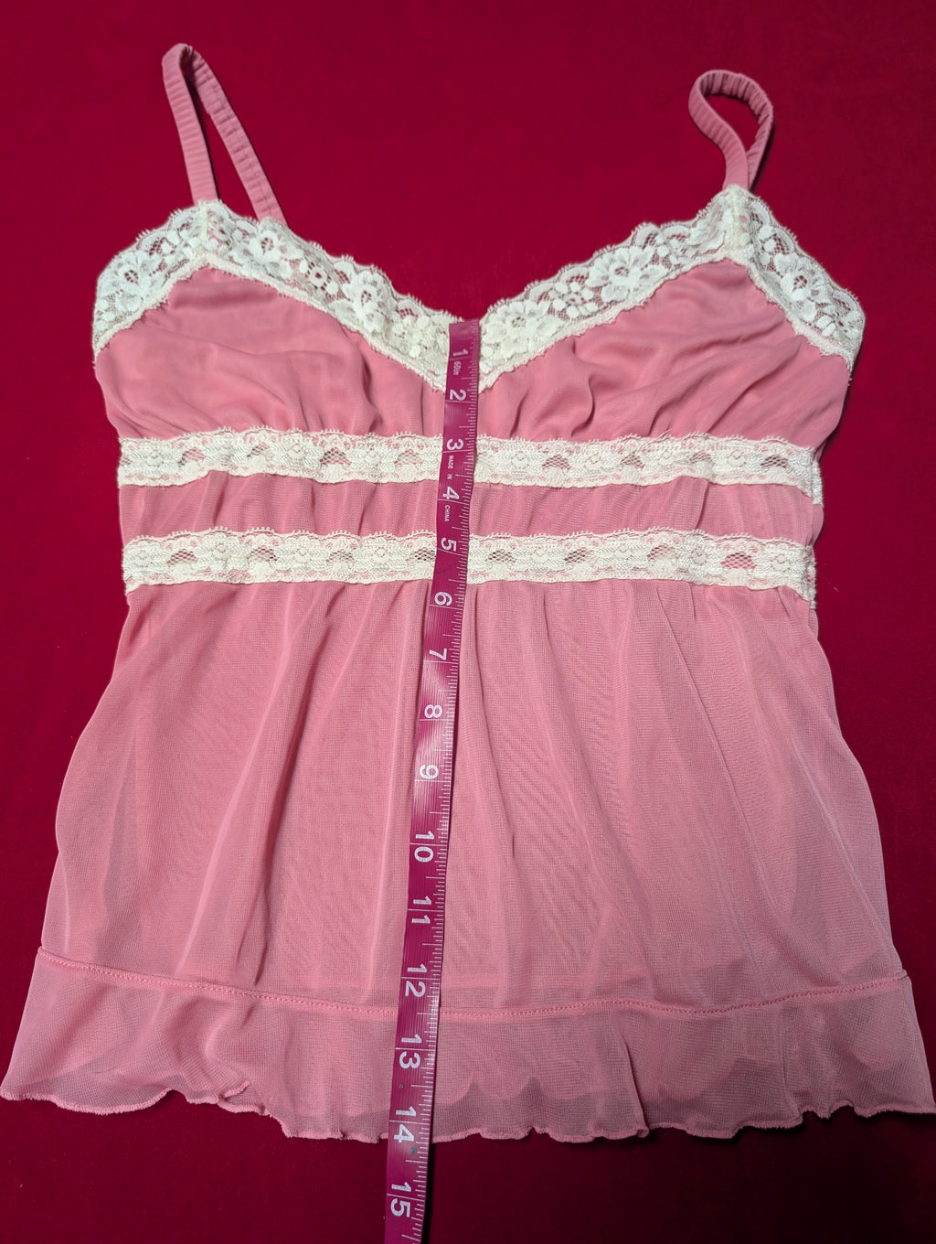 Pink & White Chiffon Lace Babydoll Camisole Tank Top size Medium