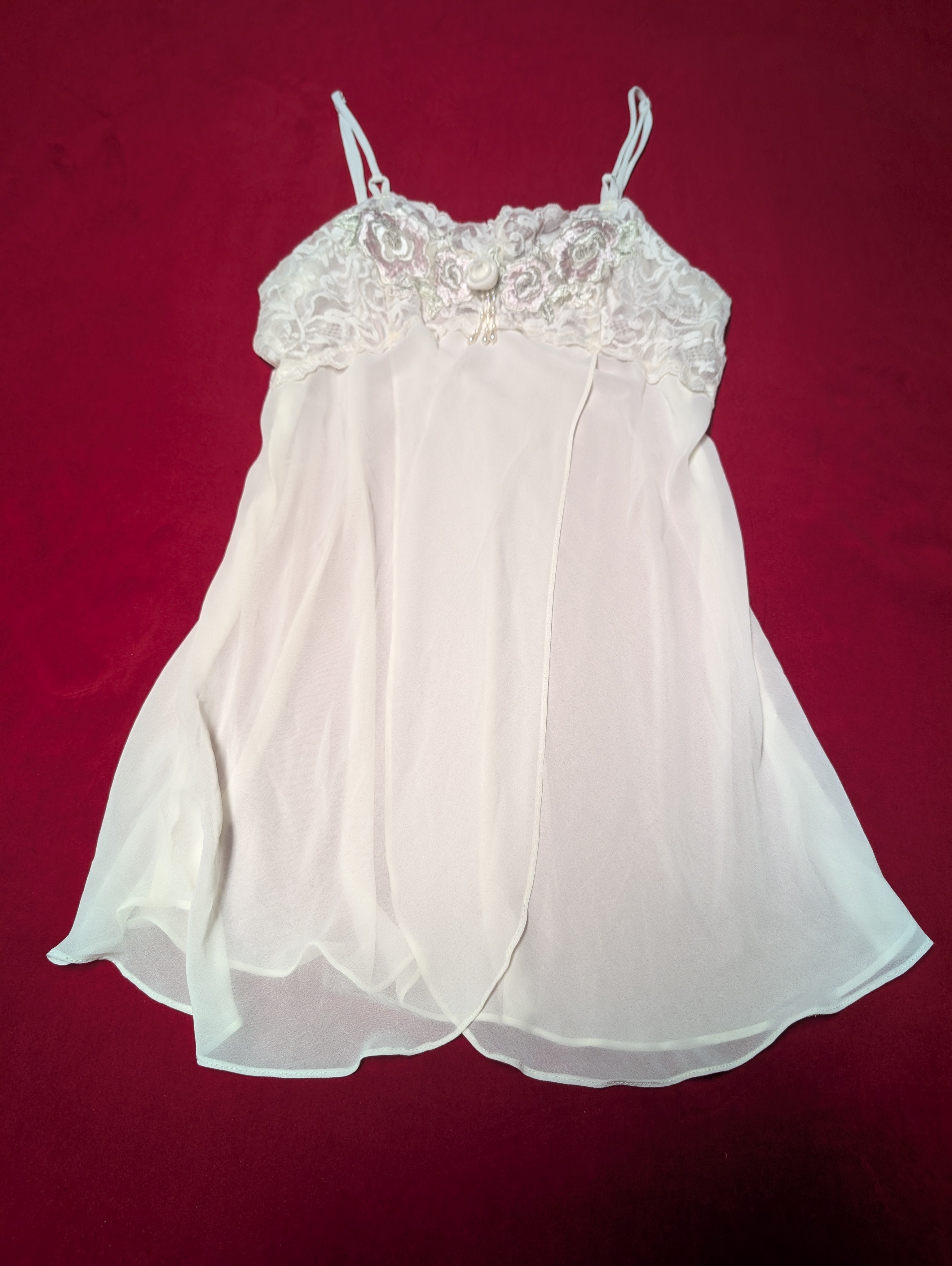 Maidenform Bridal White Beaded Sheer Split Front Babydoll Slip Chemise Dress size Medium