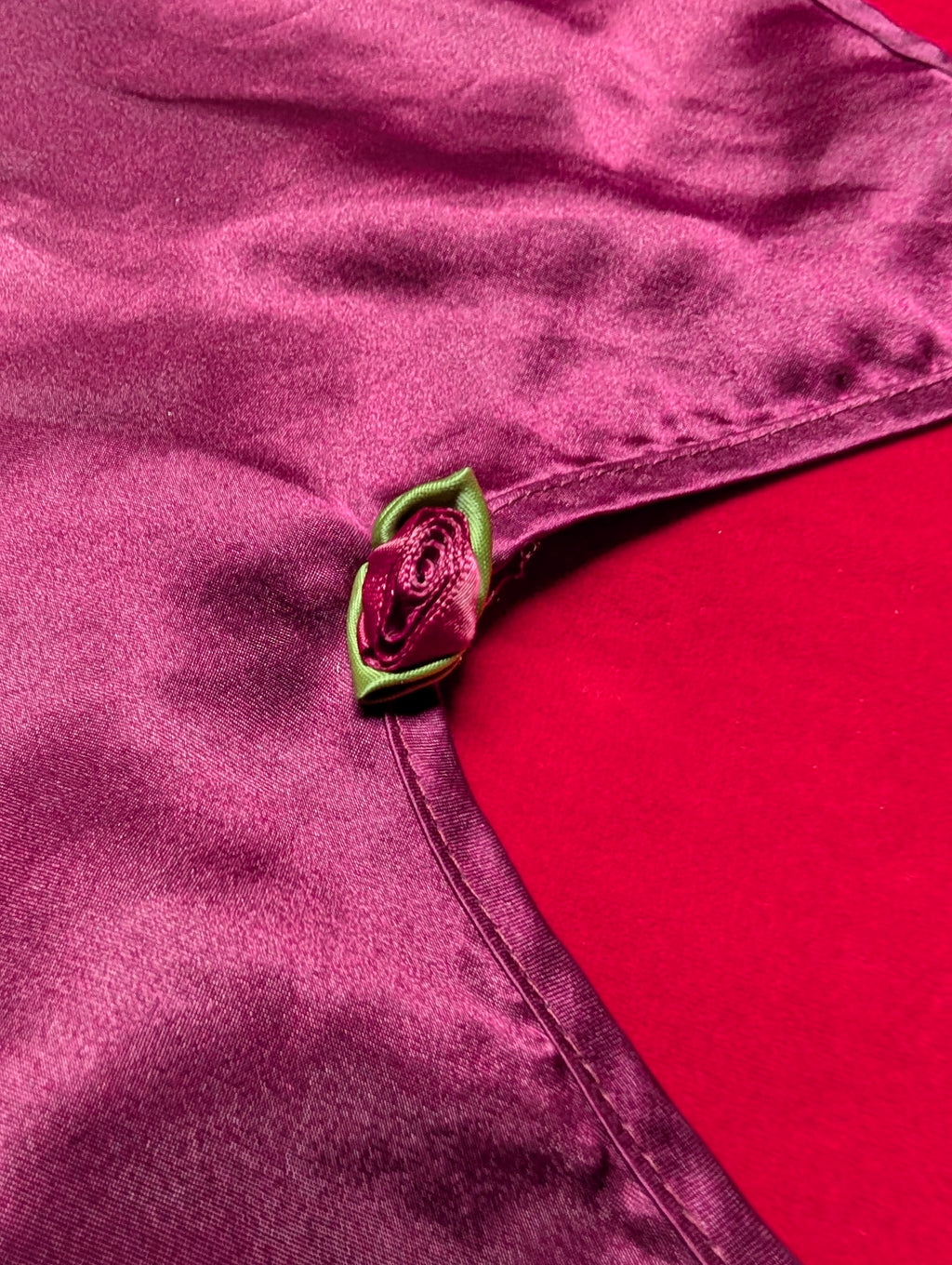 Vintage Kristine Tyler Burgundy Red Satin Mini Slip Dress Chemise with Rosette Detail Made in USA size Medium