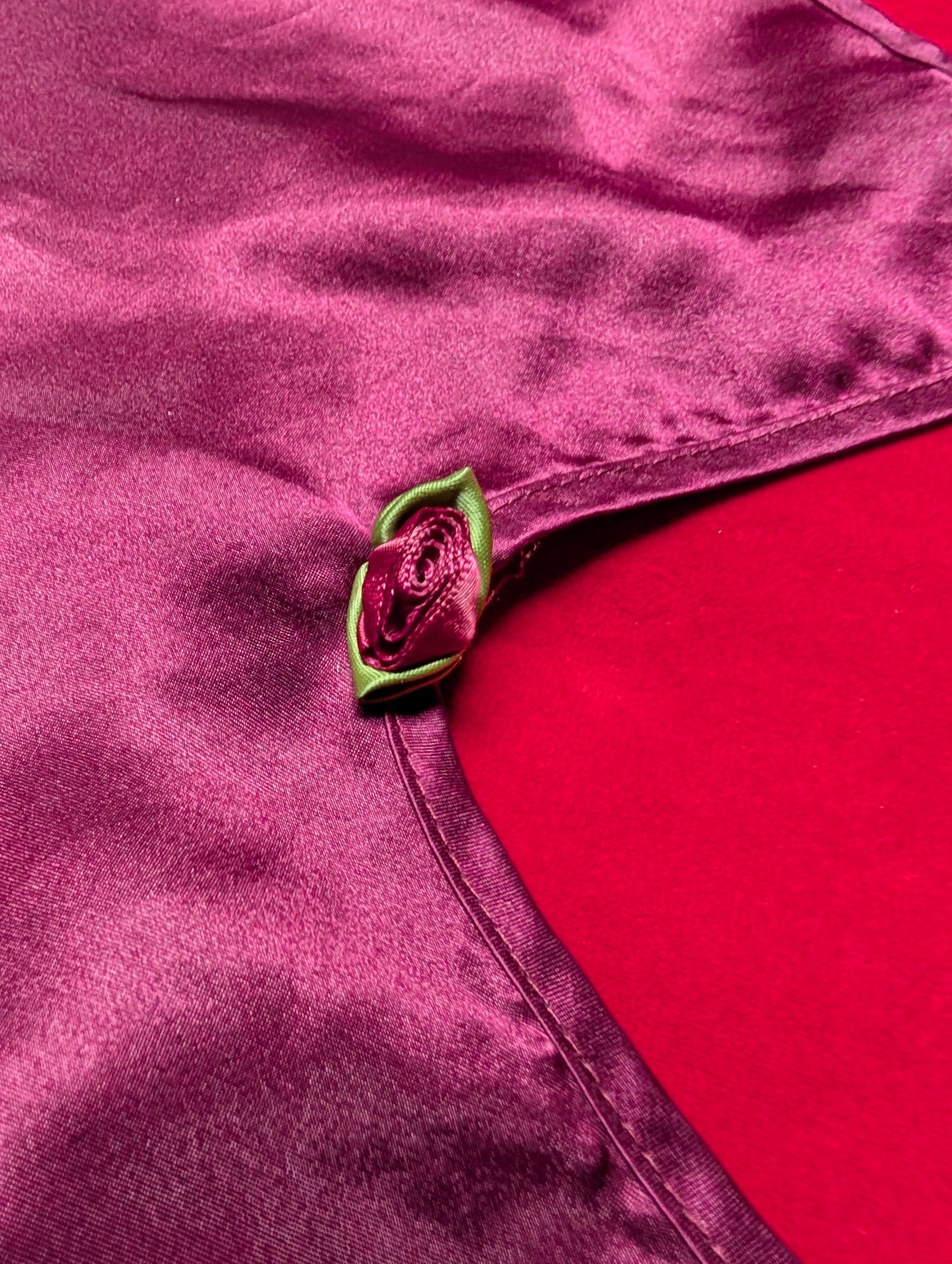 Vintage Kristine Tyler Burgundy Red Satin Mini Slip Dress Chemise with Rosette Detail Made in USA size Medium