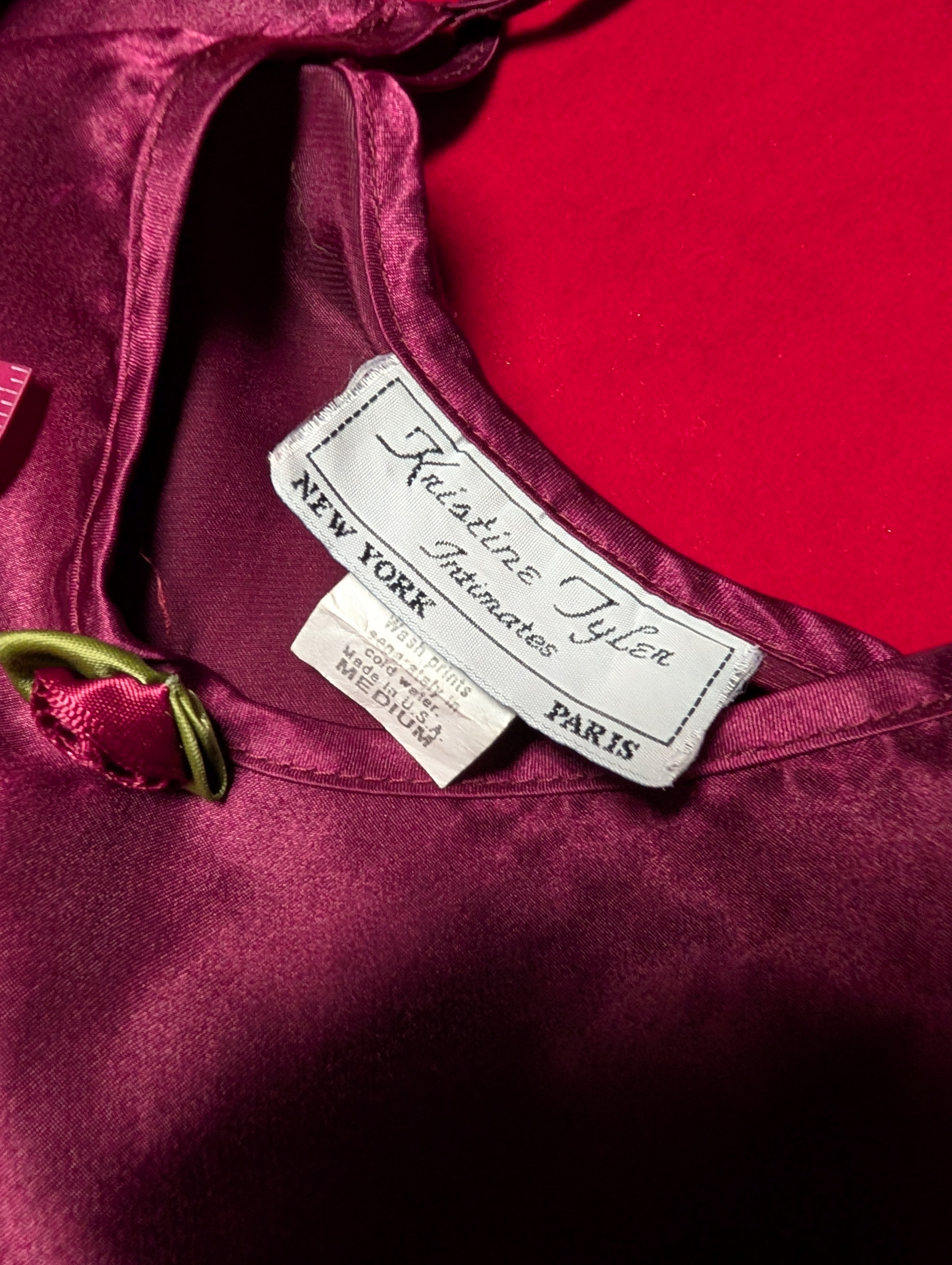 Vintage Kristine Tyler Burgundy Red Satin Mini Slip Dress Chemise with Rosette Detail Made in USA size Medium