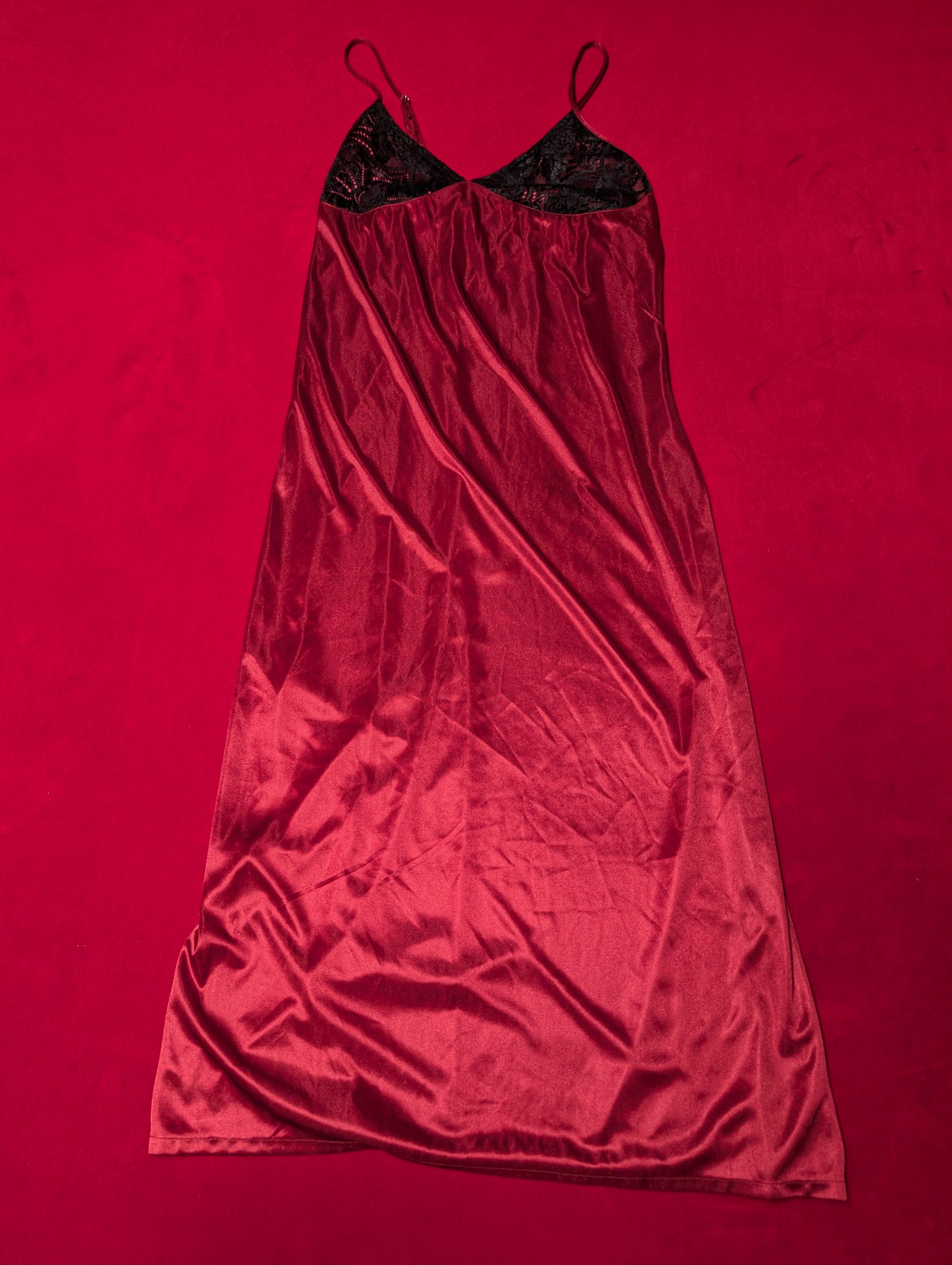 Elegant Maroon Red Satin Nylon Maxi Slip Dress size XS