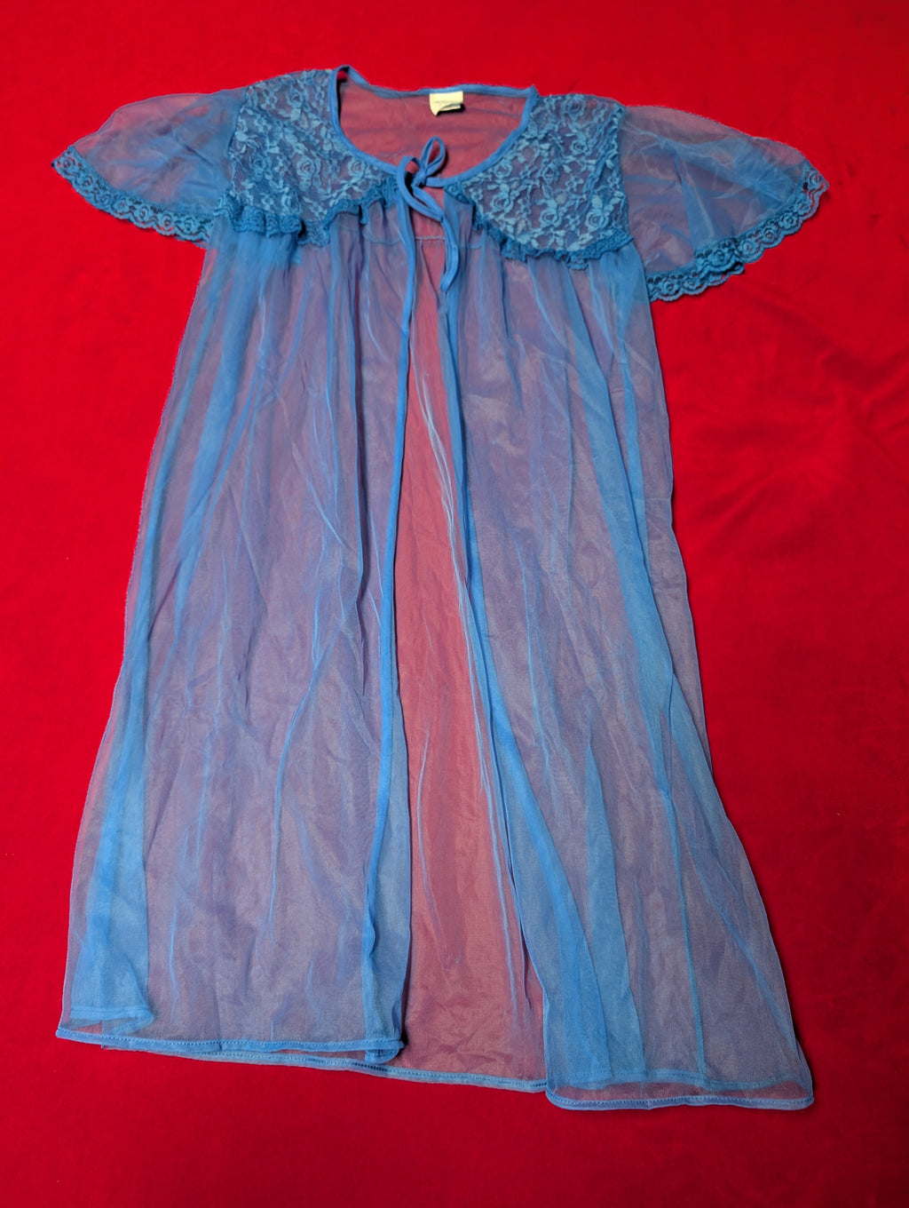 Gorgeous Cobalt Blue Sheer Nylon Peignoir Robe Bed Jacket Made in USA size Large