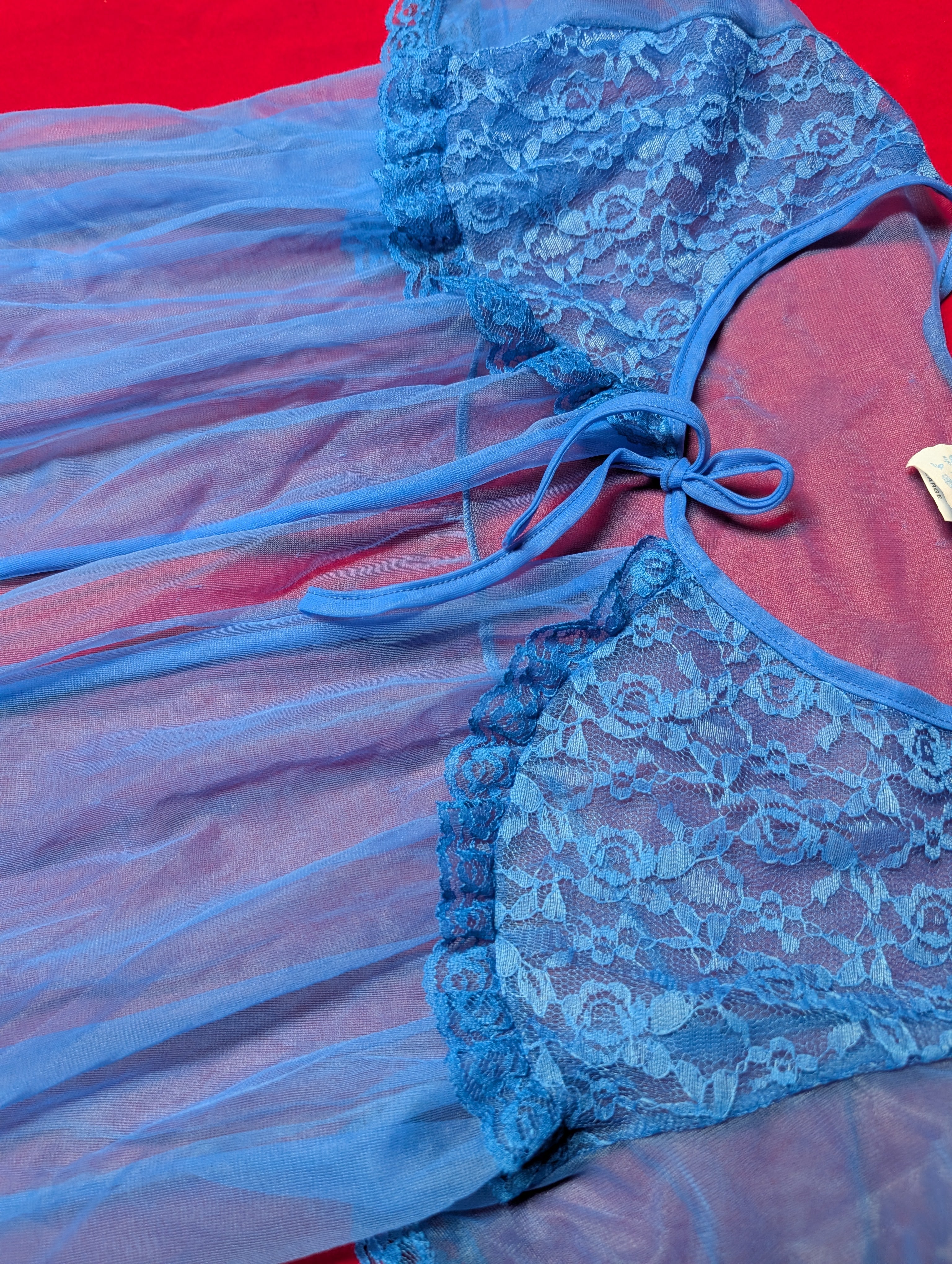 Gorgeous Cobalt Blue Sheer Nylon Peignoir Robe Bed Jacket Made in USA size Large