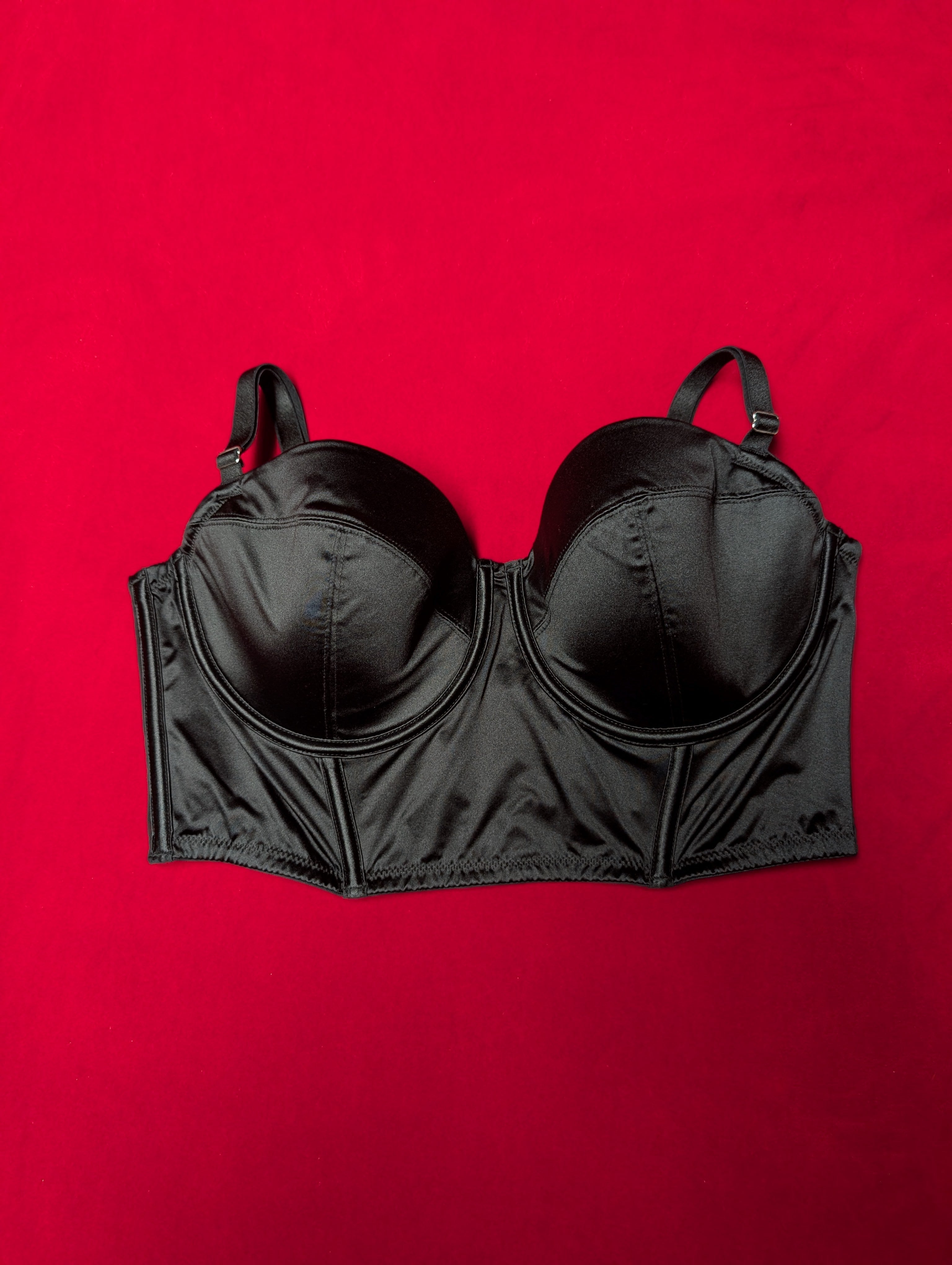 Black Nylon Satin Look Stretch Black Bustier Corset Bra Top size Large