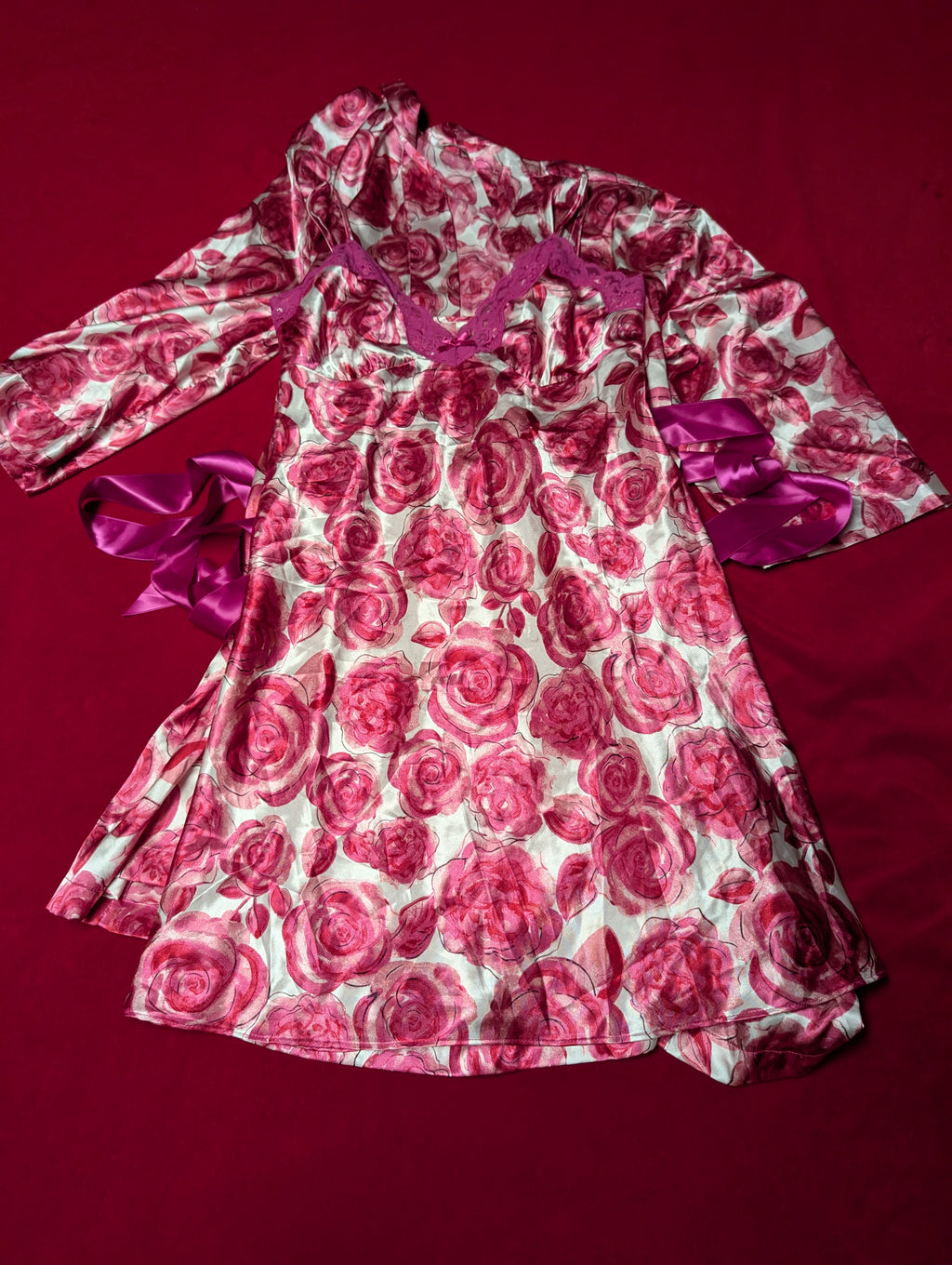 Ambrielle Fuchsia Pink Satin Slip Chemise Dress & Robe Set with Sash Size Medium