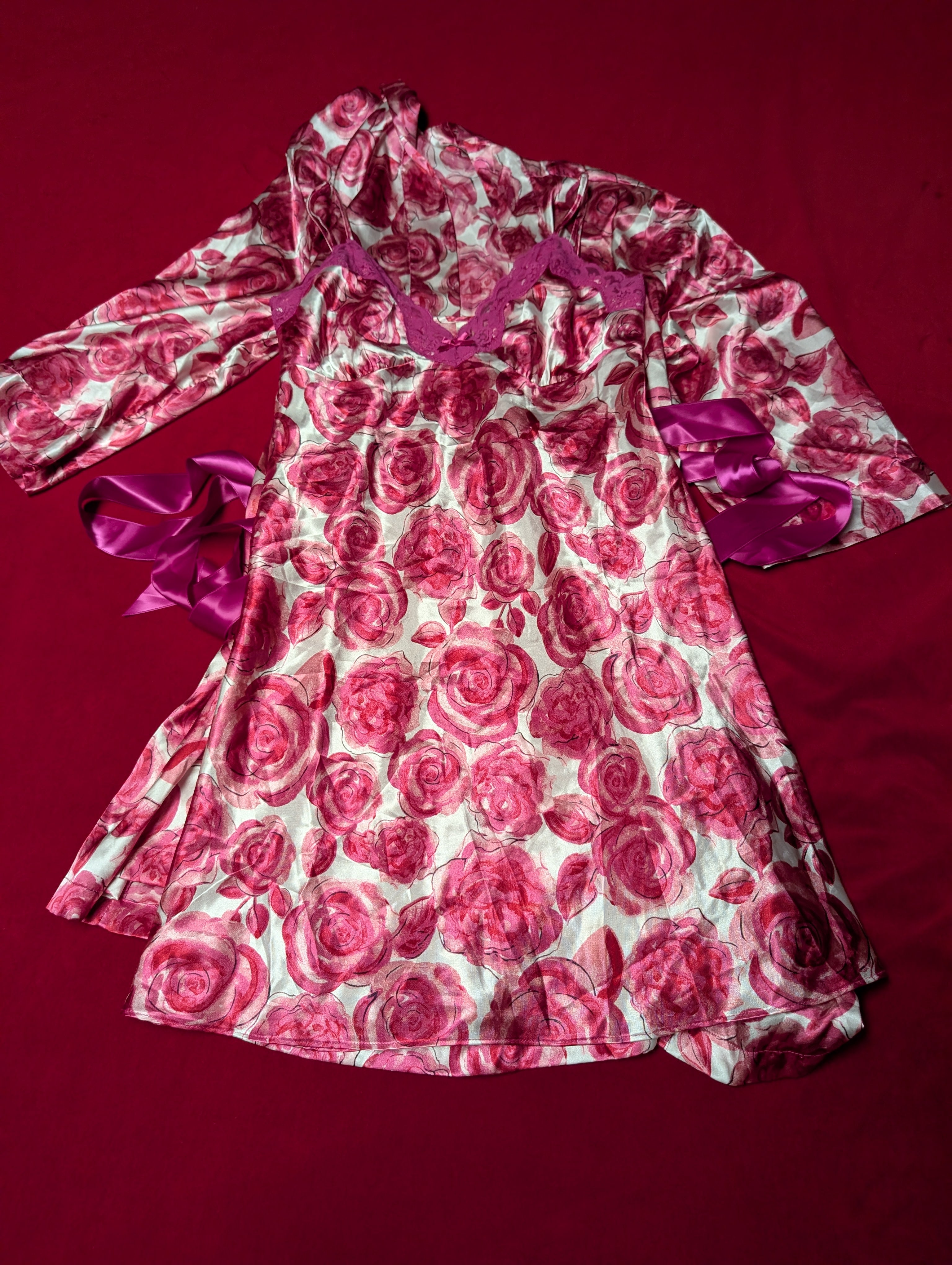 Ambrielle Fuchsia Pink Satin Slip Chemise Dress & Robe Set with Sash Size Medium