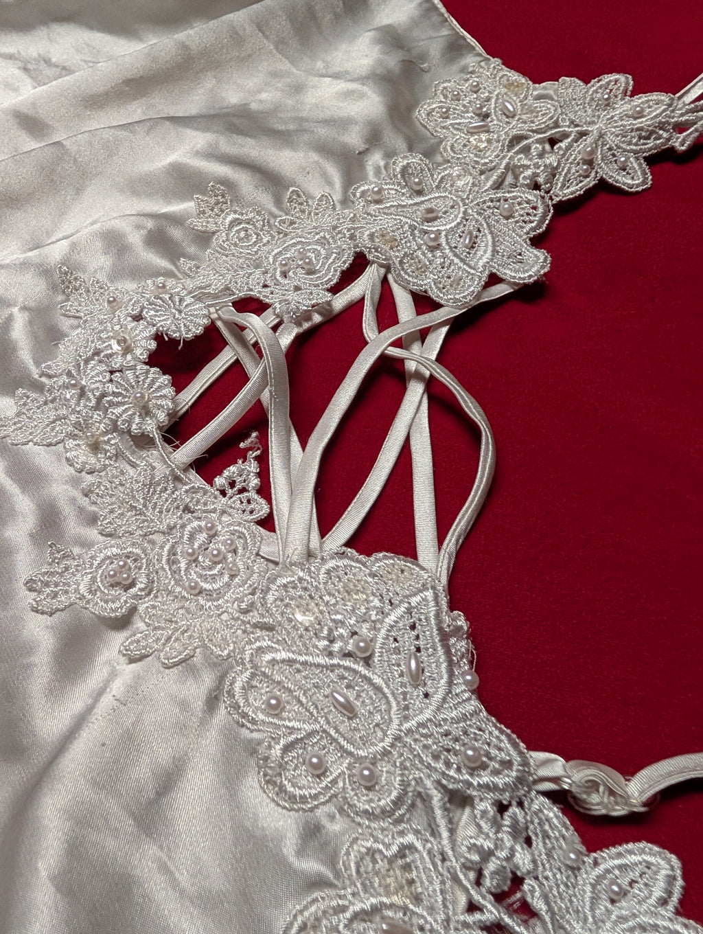 Bridal White Beaded Satin Criss Cross Satin Slip Chemise Dress size Small