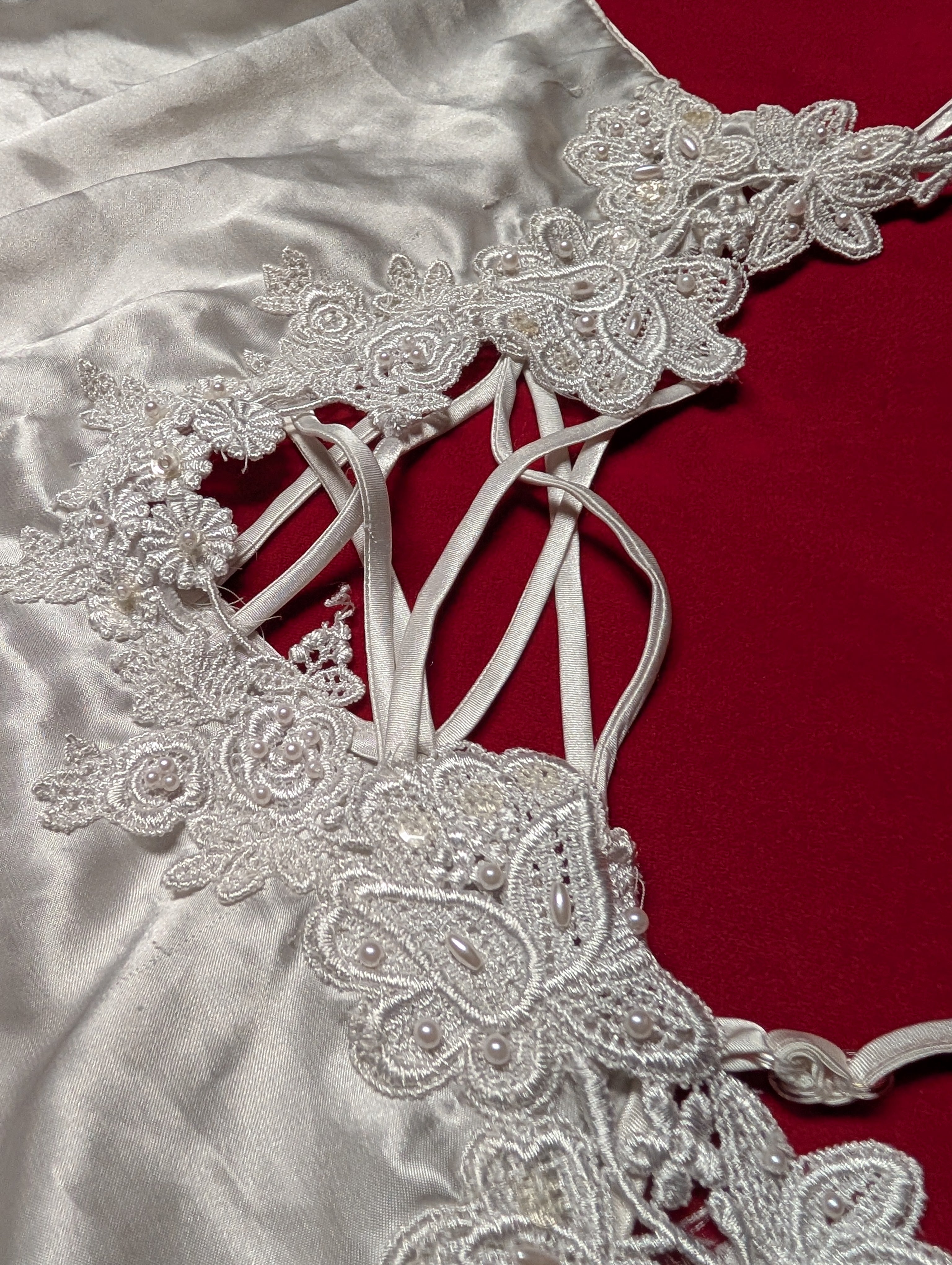 Bridal White Beaded Satin Criss Cross Satin Slip Chemise Dress size Small