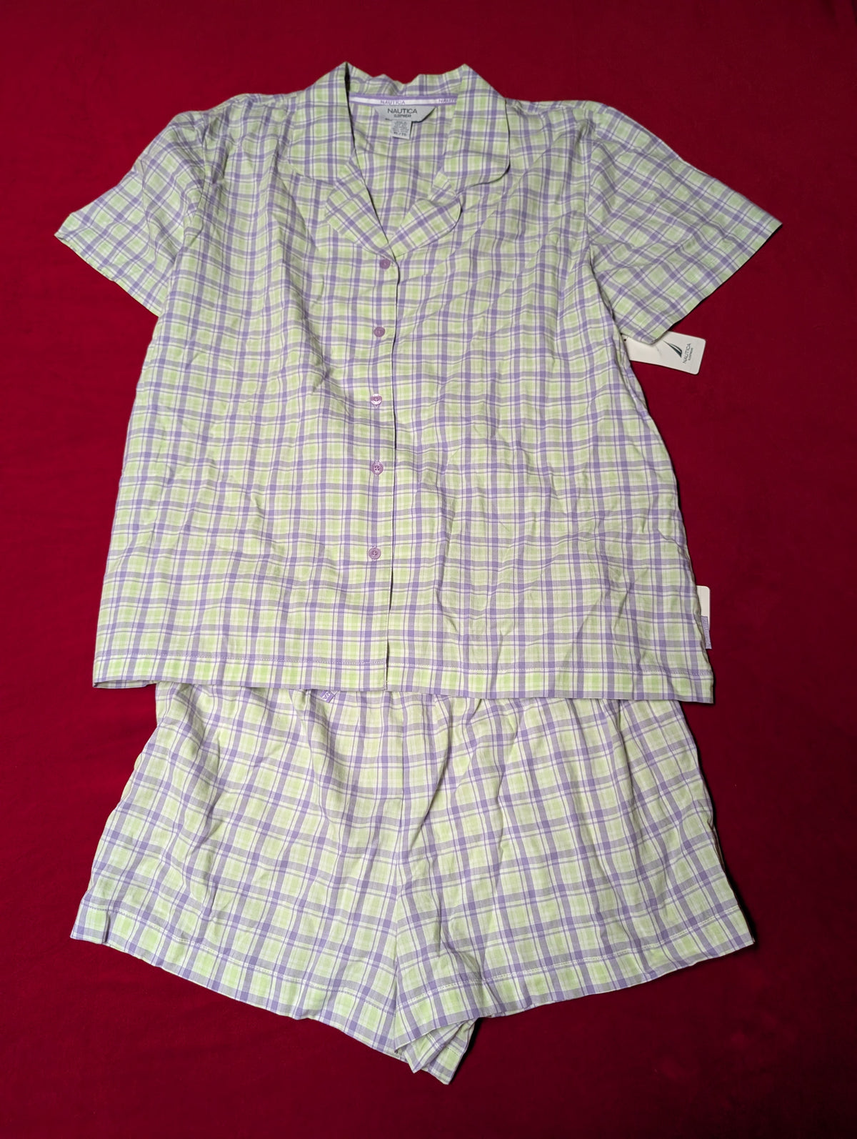 Nautica Purple & Green Shorts & Oversized Button Shirt Pajama Set size Medium