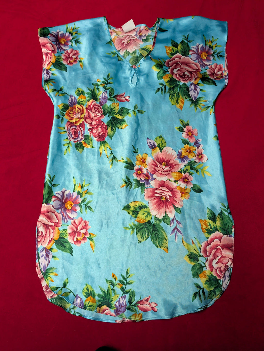 Secret Treasures Aqua Blue Floral Short Sleeved Satin Slip Chemise Dress size Large