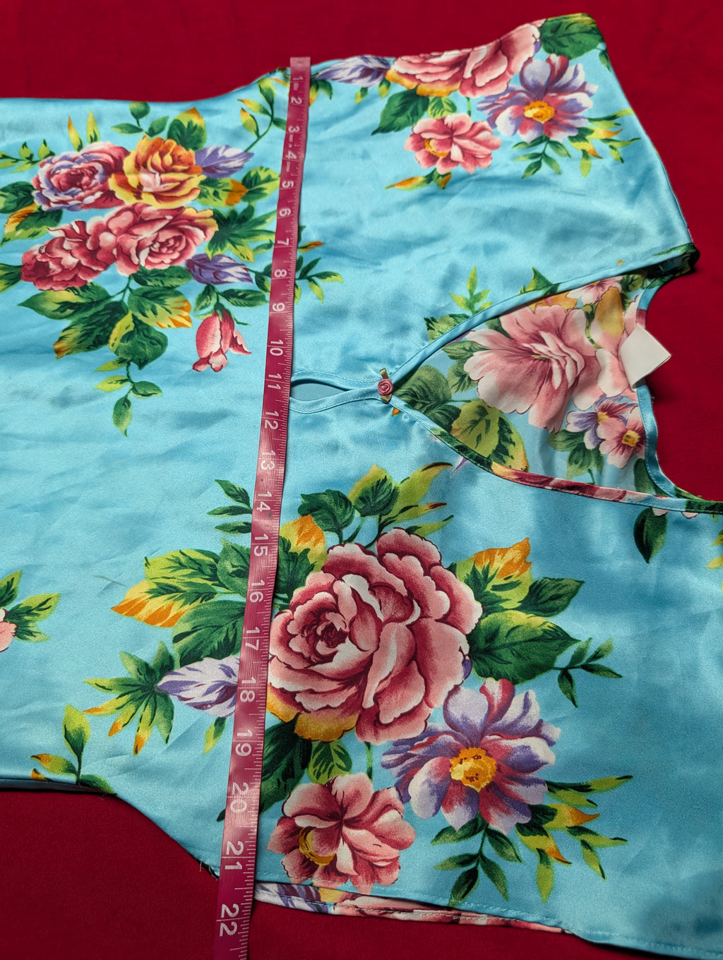 Secret Treasures Aqua Blue Floral Short Sleeved Satin Slip Chemise Dress size Large