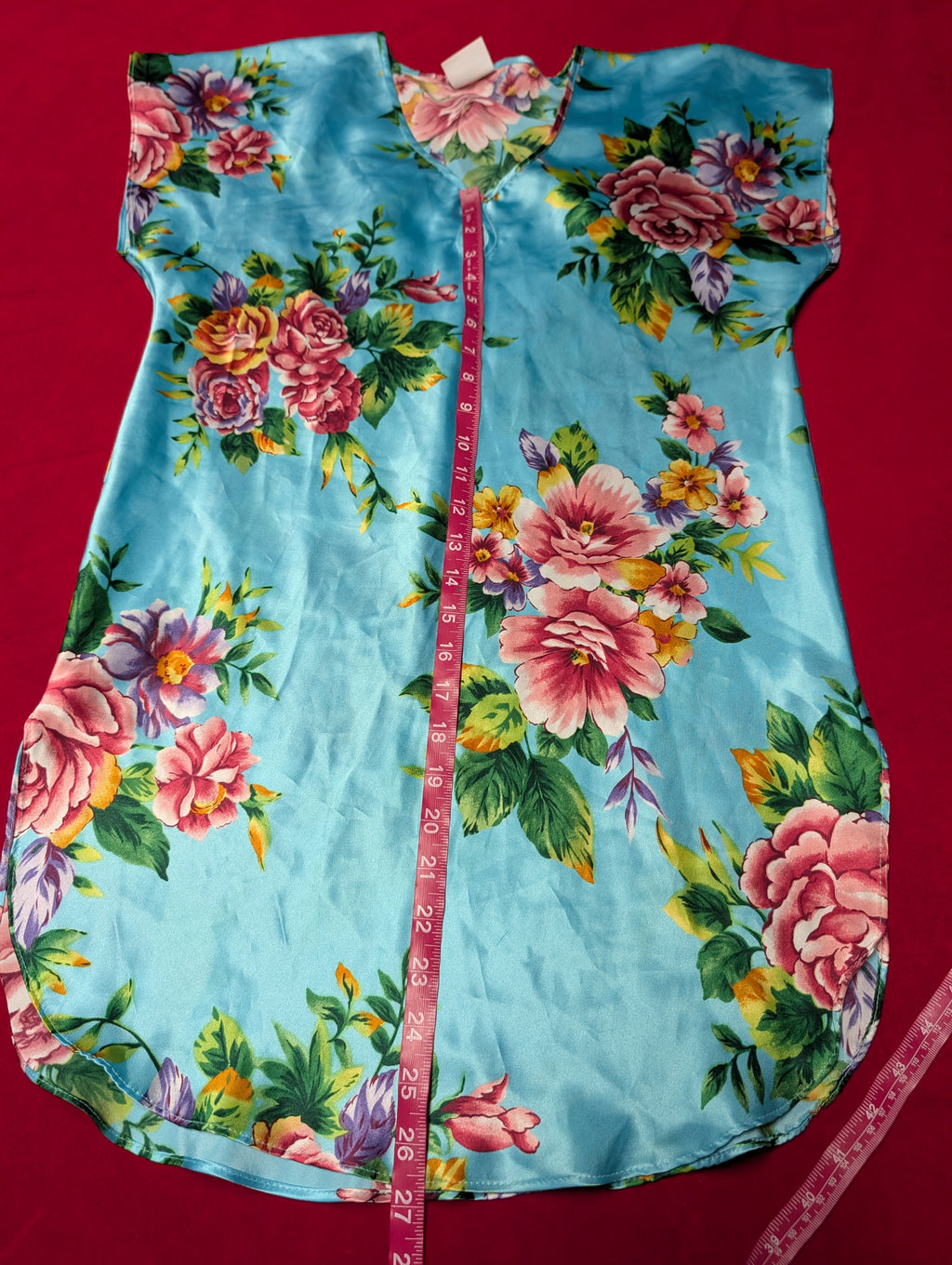 Secret Treasures Aqua Blue Floral Short Sleeved Satin Slip Chemise Dress size Large