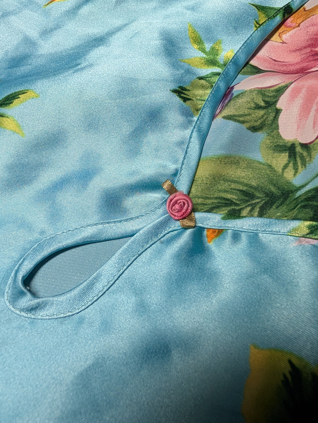 Secret Treasures Aqua Blue Floral Short Sleeved Satin Slip Chemise Dress size Large
