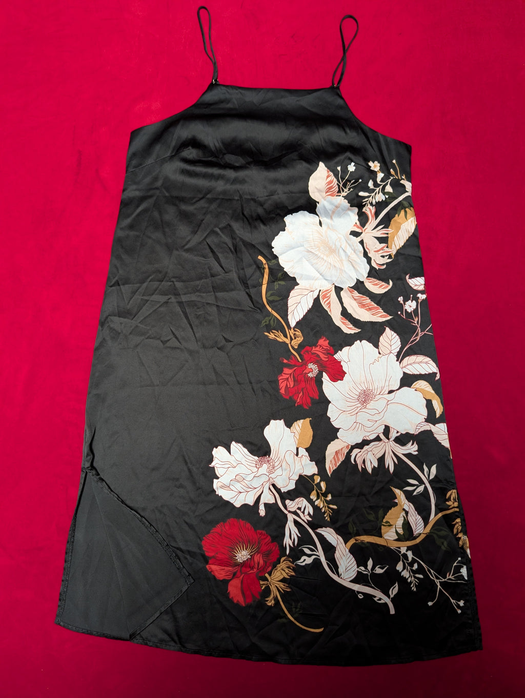 Black Beauty Floral Satin and Lace Slip Dress in Small